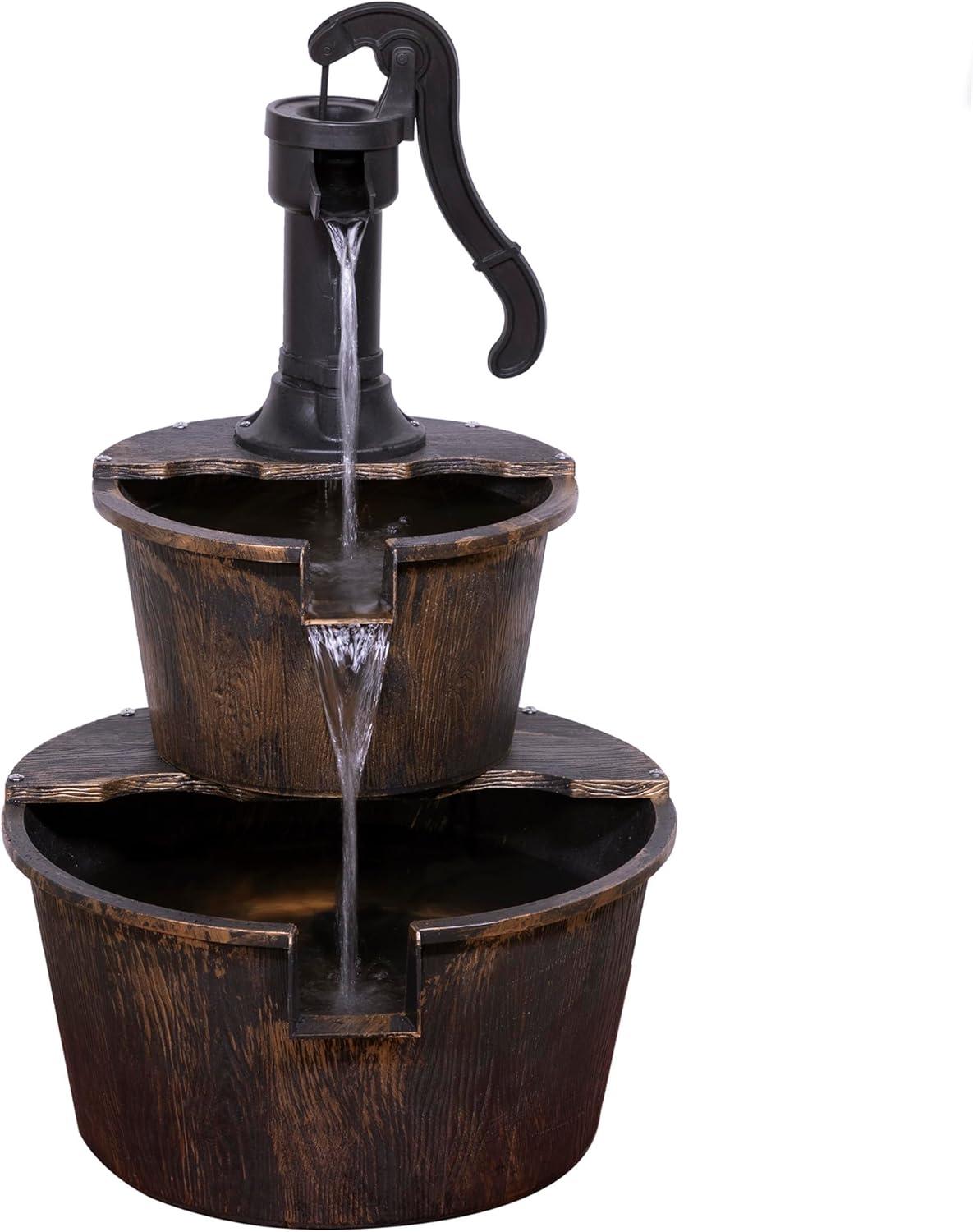 Alpine Corporation 27" Two-Tier Barrel & Pump Outdoor Fountain, Bronze