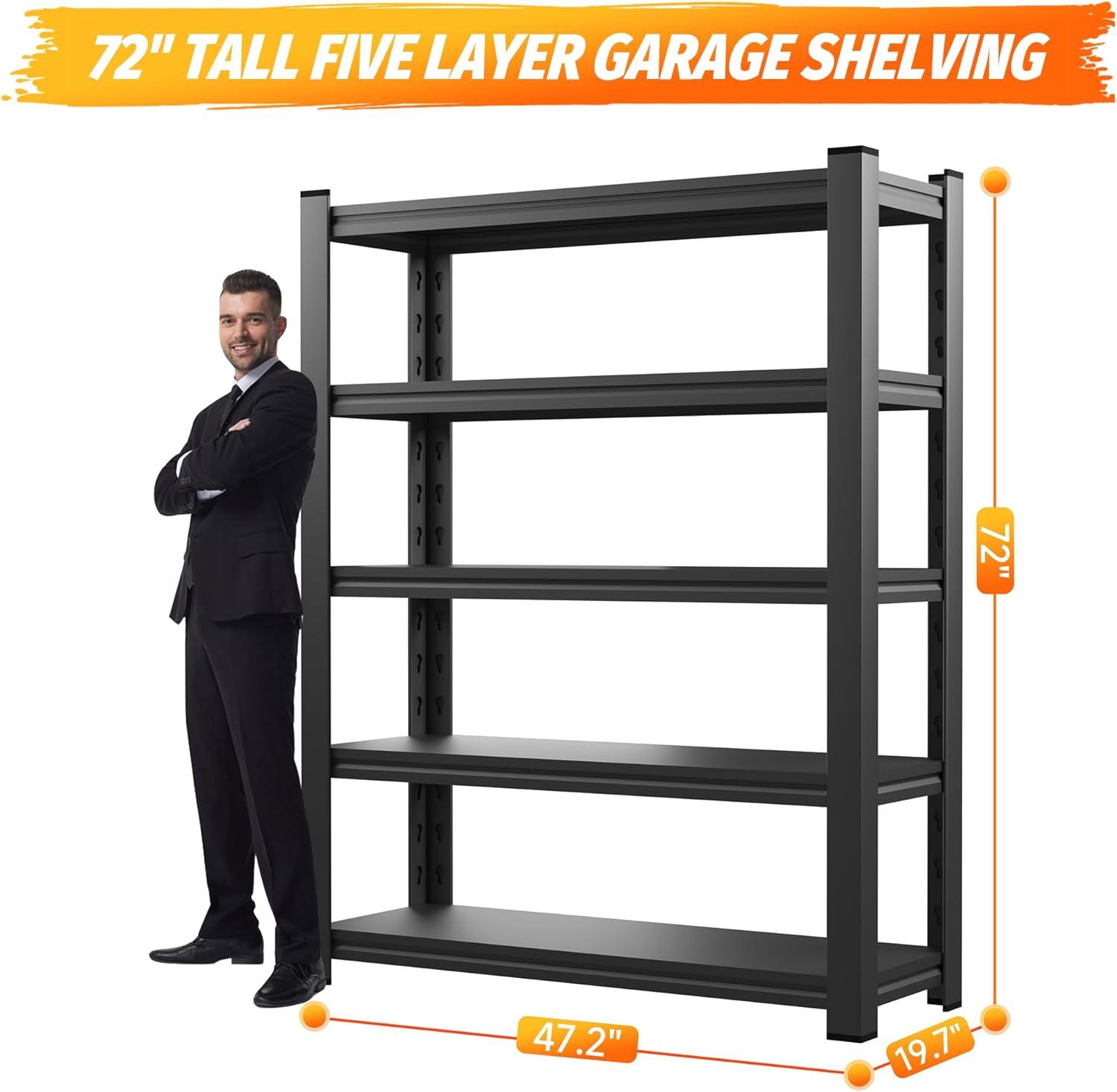 5 Tier 72"H Garage Shelving 2000LBS Heavy Duty Garage Storage Shelves Adjustable Metal Shelving Unit for Garage Storage Rack Industrial Utility Shelf 15.7" D X 35.4" W X 72" H, Black