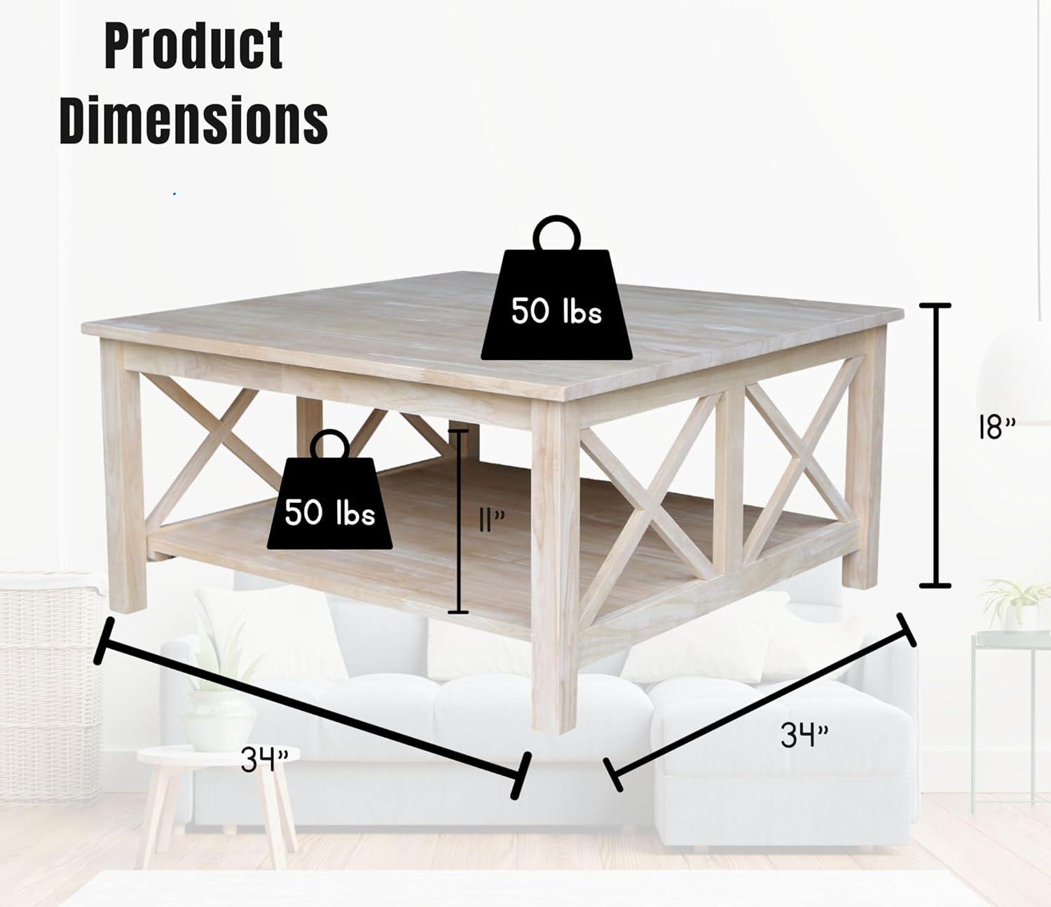 Hampton Square Coffee Table - Unfinished - International Concepts: Hardwood, 34" Wide, Fixed Shelf