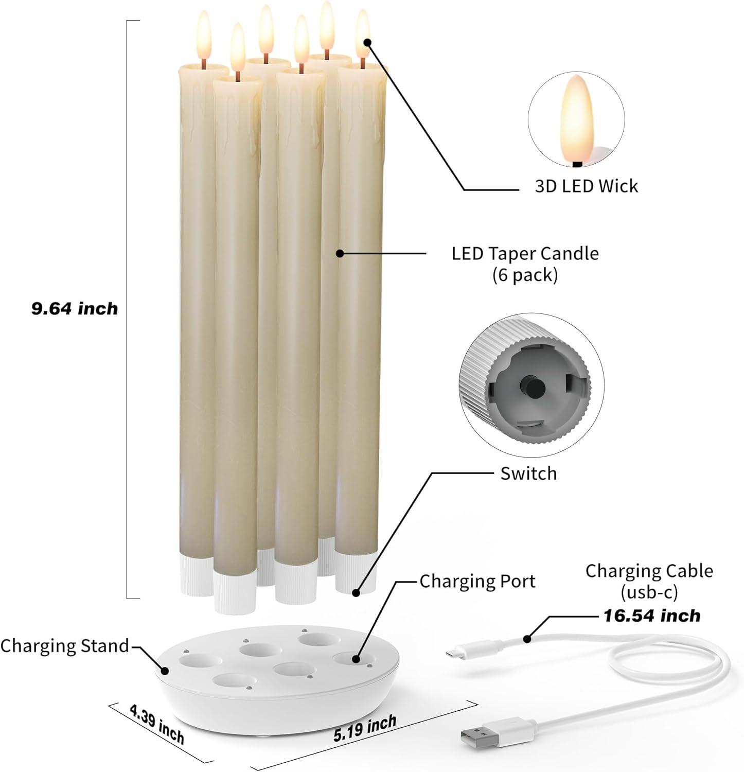 Rechargeable Flameless Taper Candles With Charging Station, 6 Pcs Real Wax LED Taper Candles Flickering With Remote&Timer, 3D Flame Candlesticks For Home Wedding Christmas Decor
