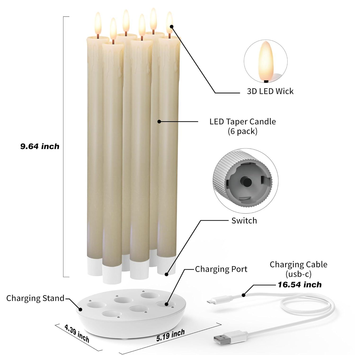 Rechargeable Flameless Taper Candles With Charging Station, 6 Pcs Real Wax LED Taper Candles Flickering With Remote&Timer, 3D Flame Candlesticks For Home Wedding Christmas Decor