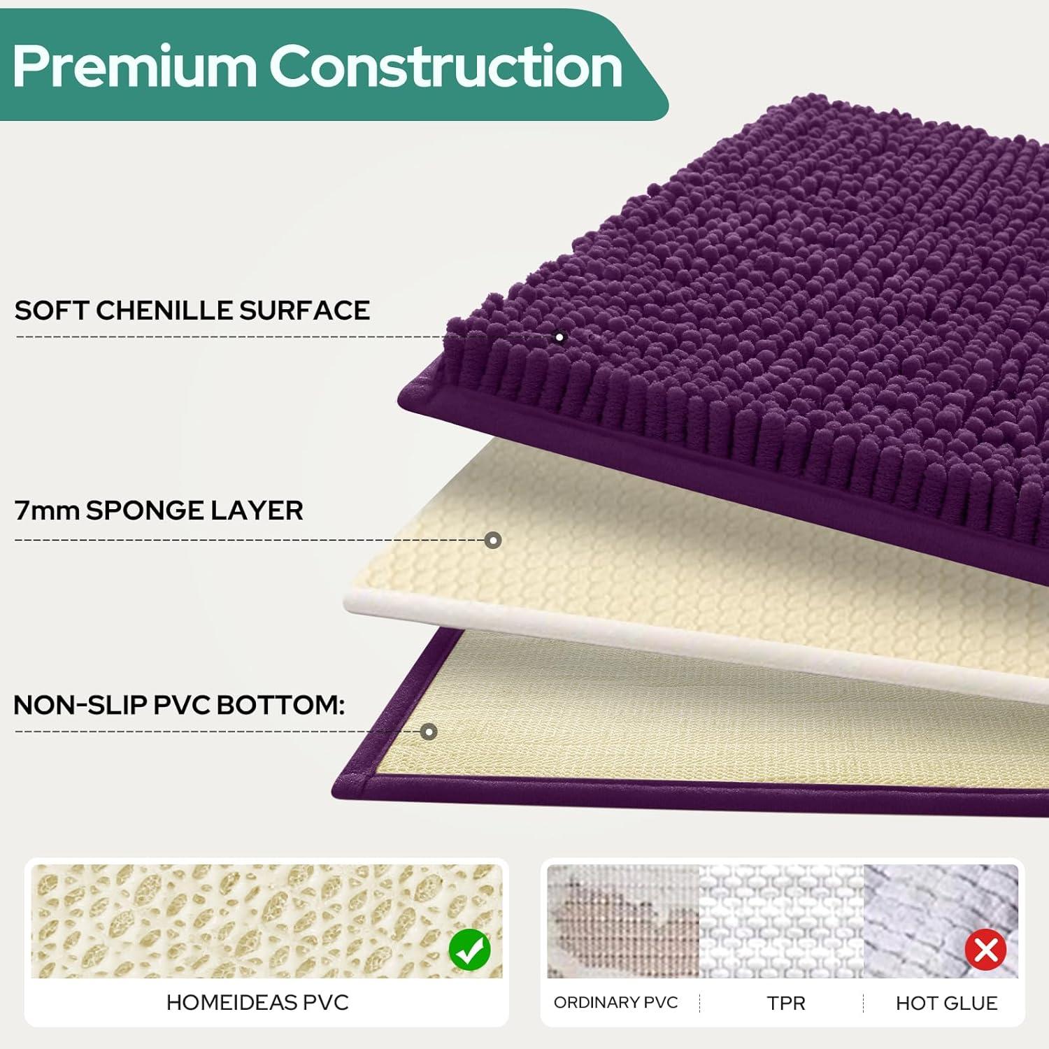 HOMEIDEAS 3 Pieces Dark Purple Bathroom Rugs Set, Ultra Soft Non Slip Bath Rug and Absorbent Chenille Bath Mat, Includes U-Shaped Contour Rug, Bath Mat and Toilet Lid Cover, Perfect for Bathroom Floor