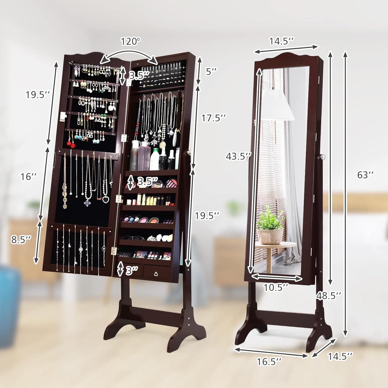 Costway Jewelry Mirrored Cabinet Armoire Organizer Storage Box with Stand Christmas Gift Coffee