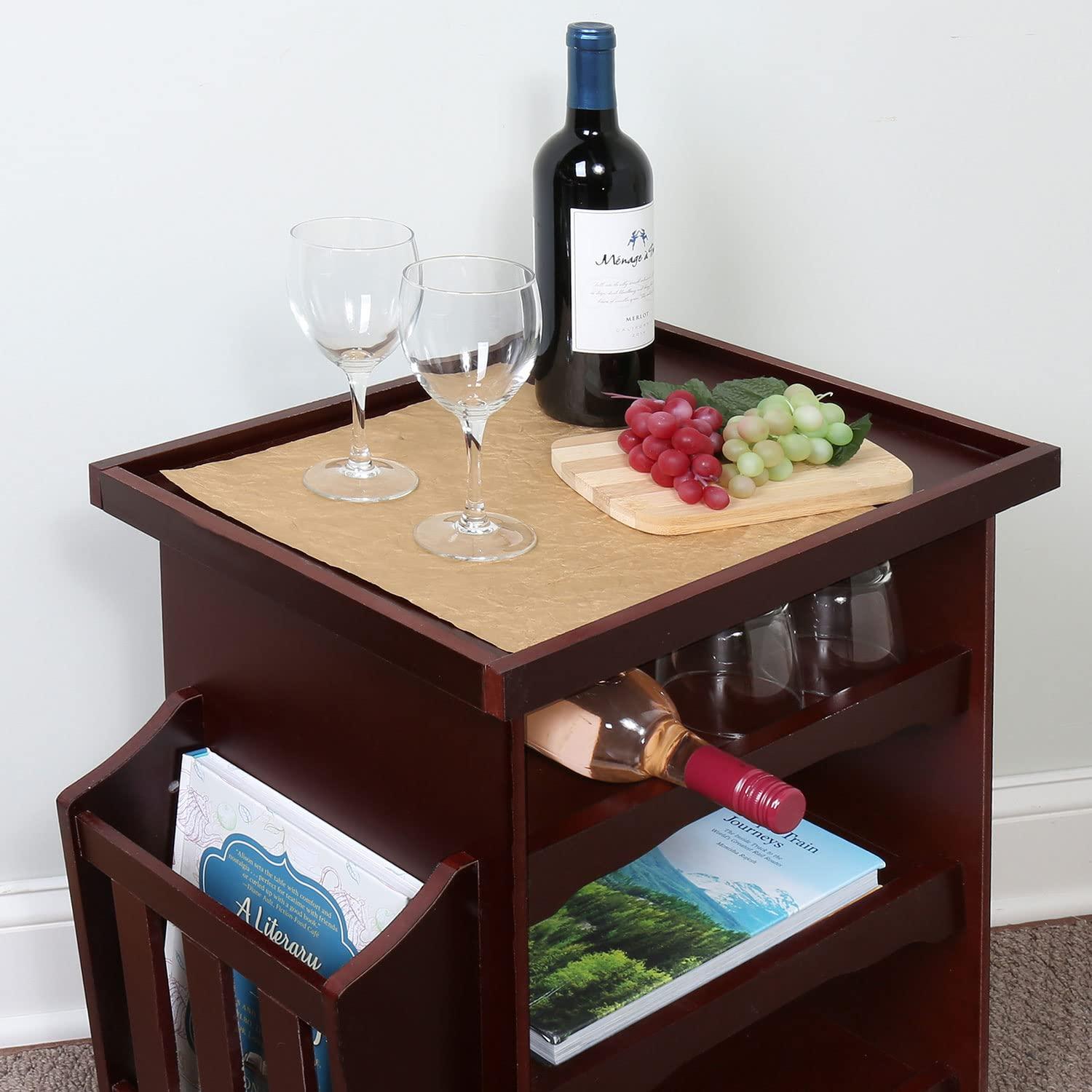 ETNA Rolling Bar Cart Multipurpose End Table with Wheels Narrow Side Table with Magazine Rack, Mahogany Wood Finish, 24" H x 21" L x 14" W
