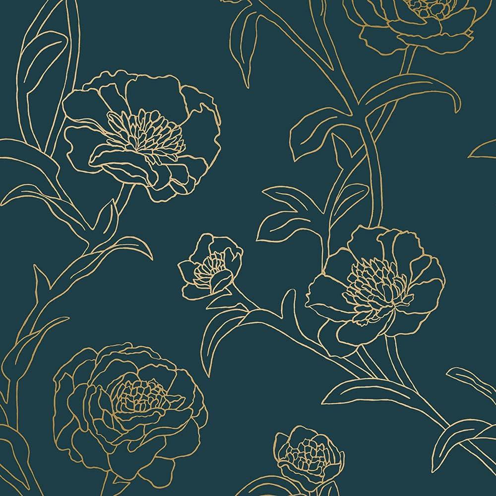 Peacock Blue and Gold Floral Peel and Stick Wallpaper