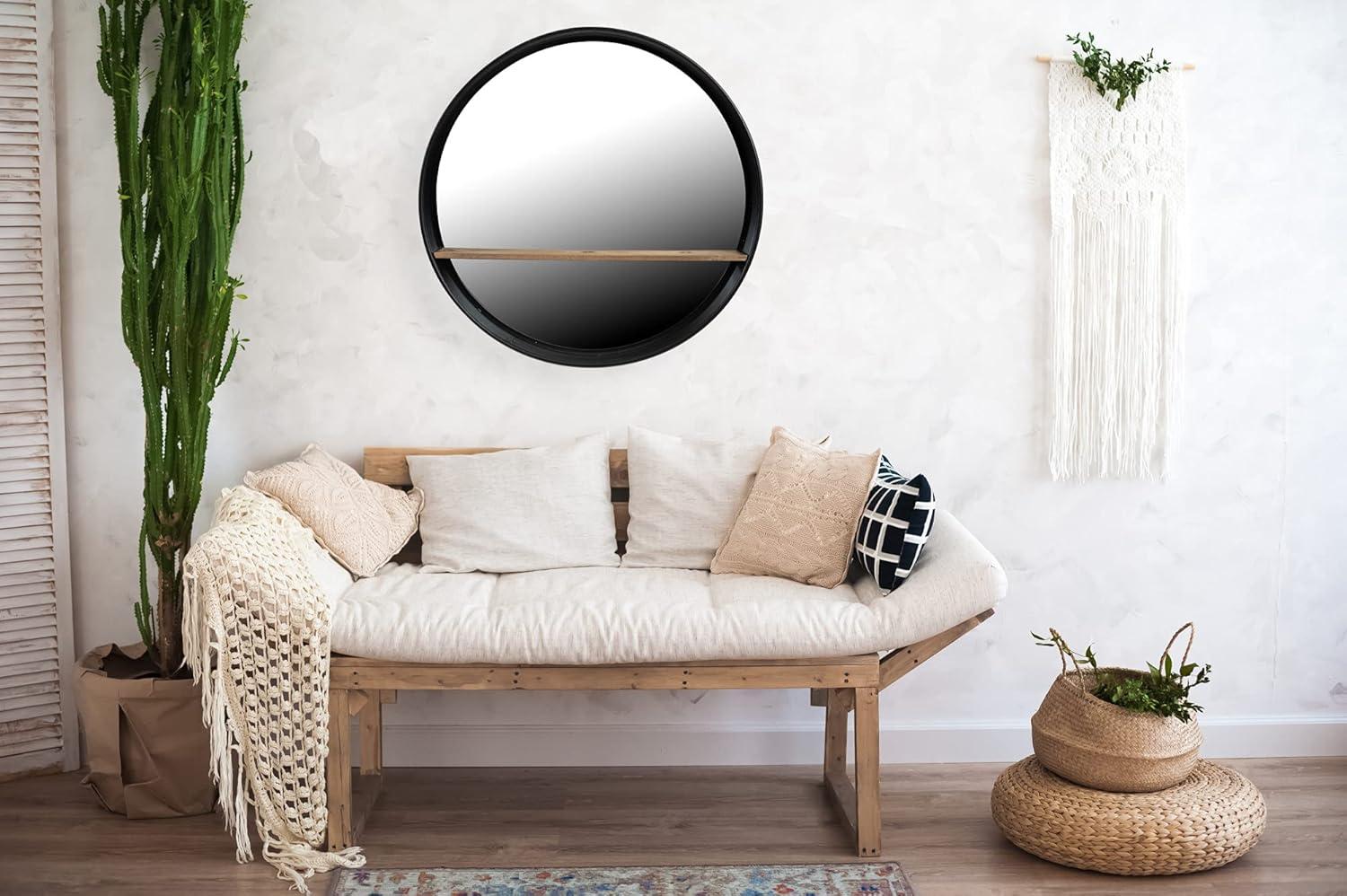 24" Metal/Wood Wall Mirror with Shelf Black - 3R Studios: No Assembly, Modern Decor