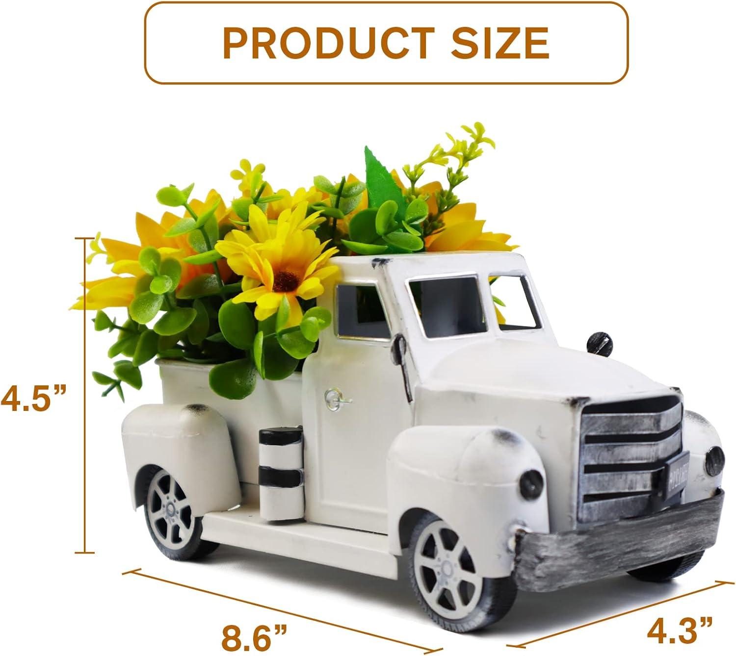 Sunflower Metal Truck with Artificial Flower Vintage Farm Pickup Farmhouse Tabletop Tiered Tray Decor, Rustic Farmhouse Decor for Table Top Decor Home Kitchen(White)