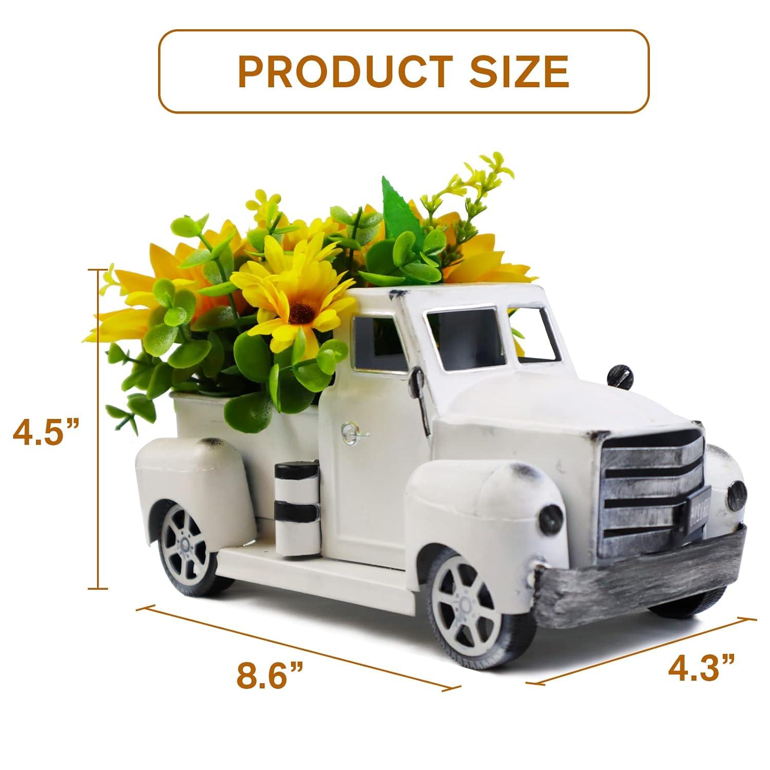 Sunflower Metal Truck with Artificial Flower Vintage Farm Pickup Farmhouse Tabletop Tiered Tray Decor, Rustic Farmhouse Decor for Table Top Decor Home Kitchen(White)
