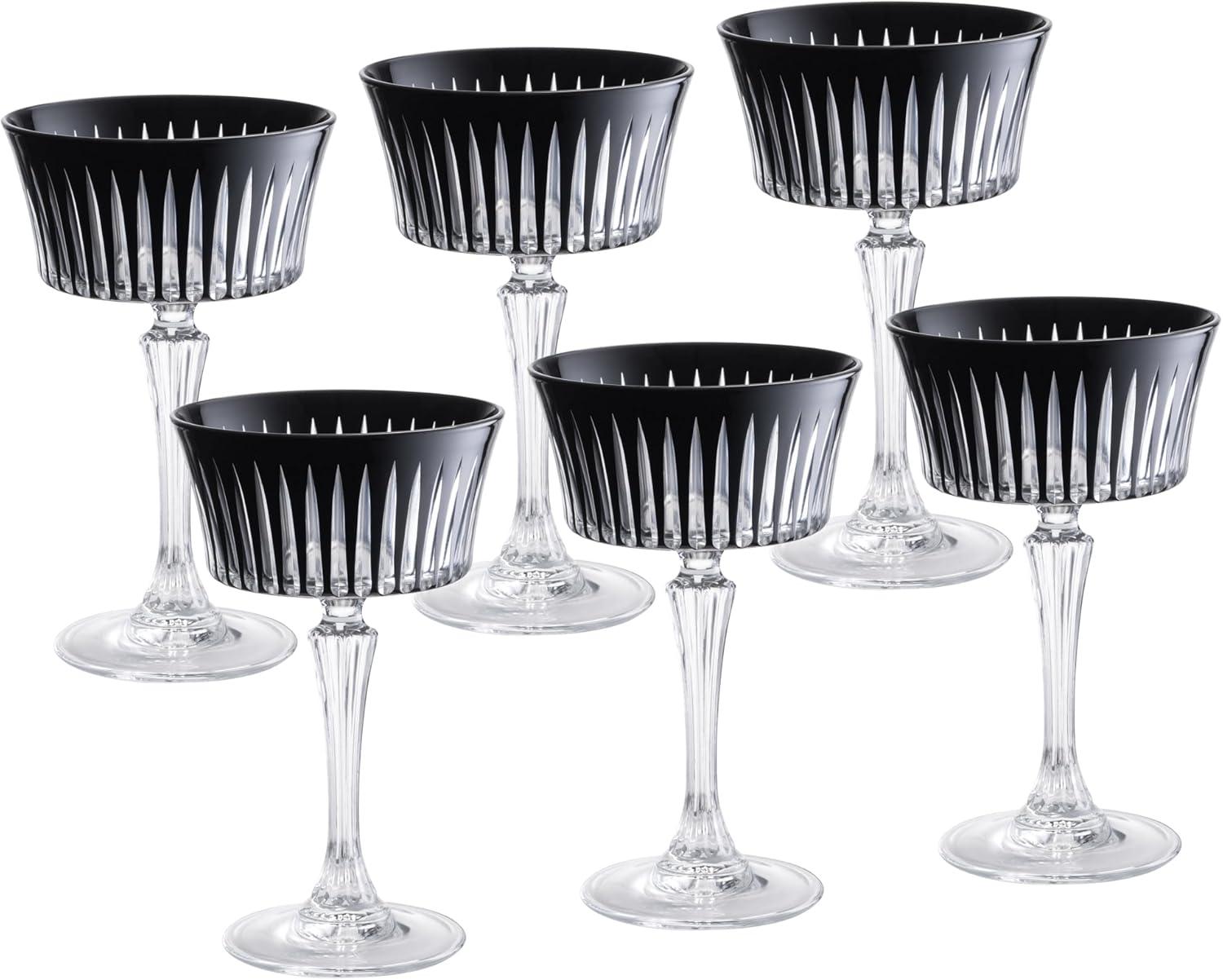 Black Crystal Champagne Coupe Glasses, Set of 6