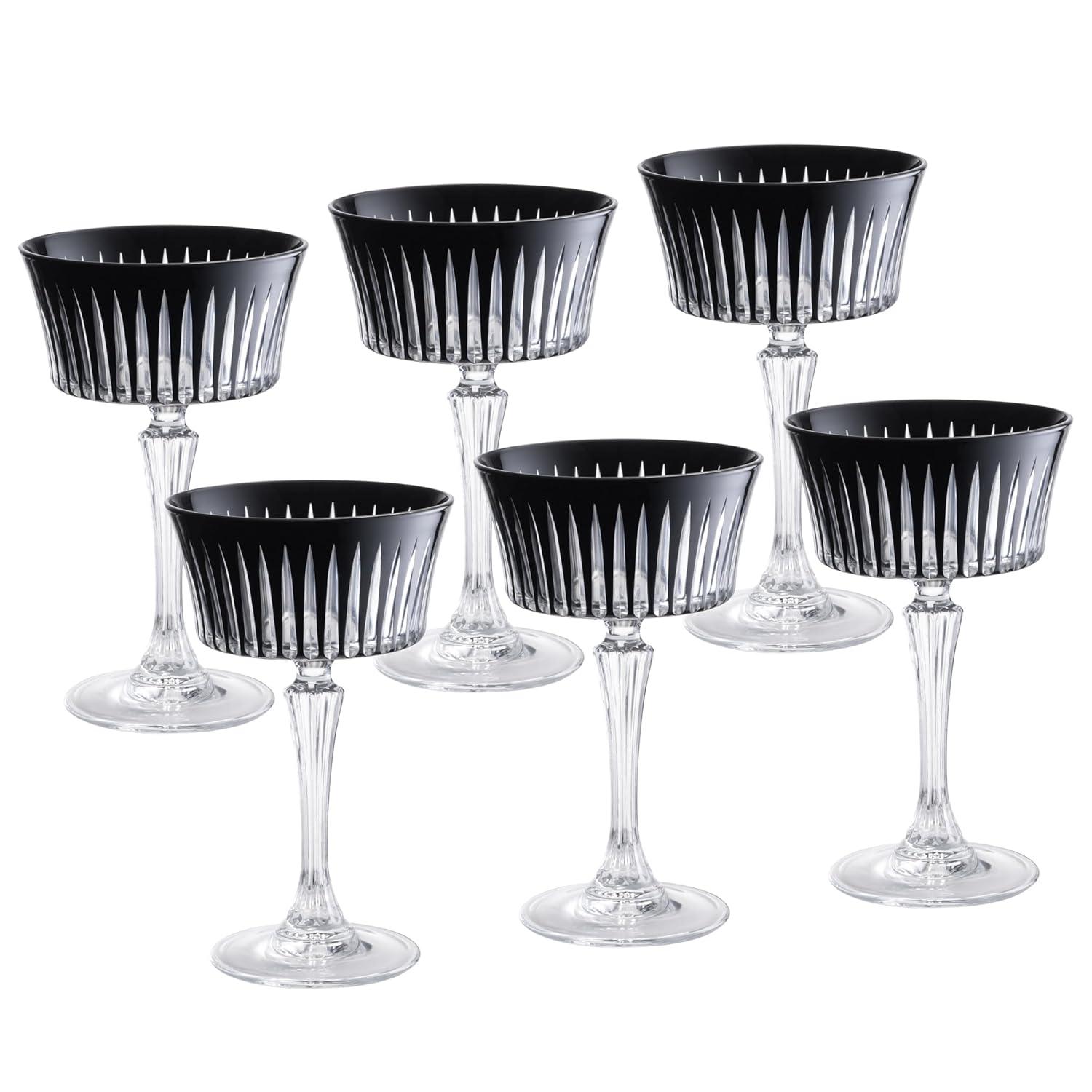 Black Crystal Champagne Coupe Glasses, Set of 6