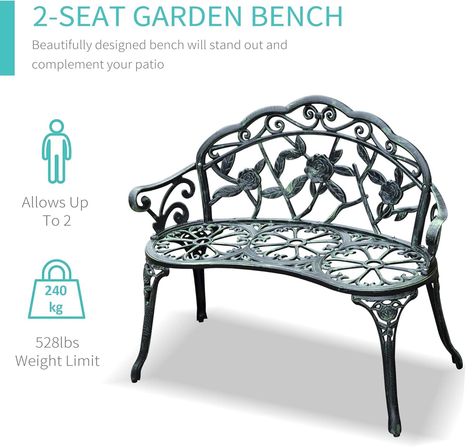 Outsunny Outdoor Bench, Cast Aluminum Outdoor Furniture, Metal Bench with Floral Rose Accent & Antique Finish, Green