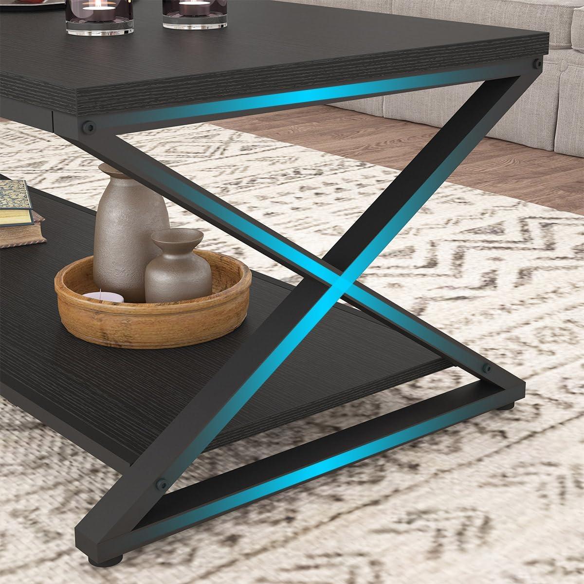 47 Inch Table with Storage Shelf, 2 Tier Rectangle Center Table Minimalist Home Tea Coffee Table