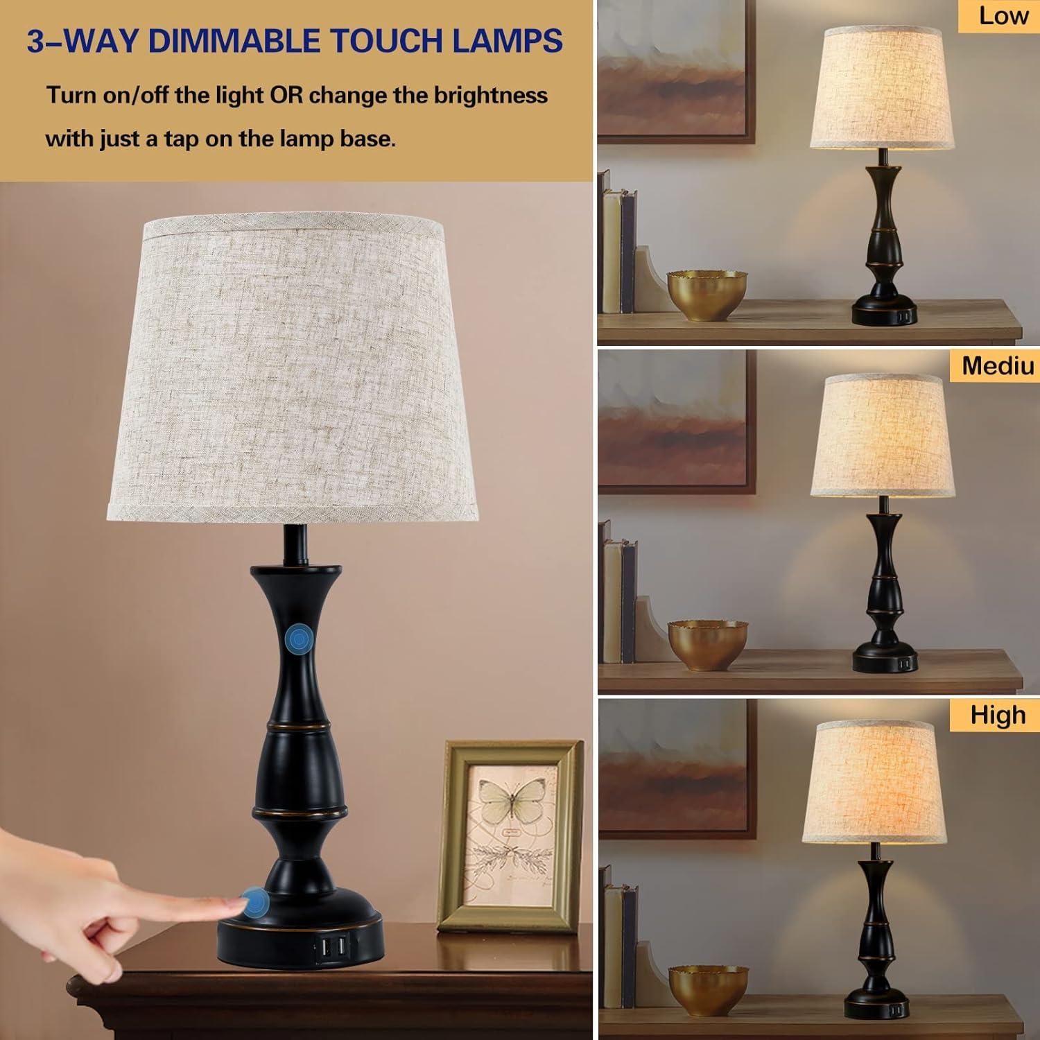 GyroVu Vintage Bedside Lamp Set of 2,Farmhouse Table Lamp Touch Control 3-Way Dimmable End Table Lamp with 2 USB Port, Desk Lamp Modern Nightstand Lamp for Living Room Bedroom Hotel Office