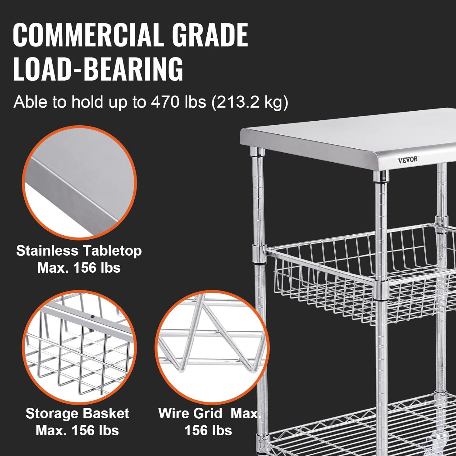 SKYSHALO 3-Tier Utility Cart Rolling Cart on Wheels 470 lbs 24"x20"x36.6" 6 Hooks