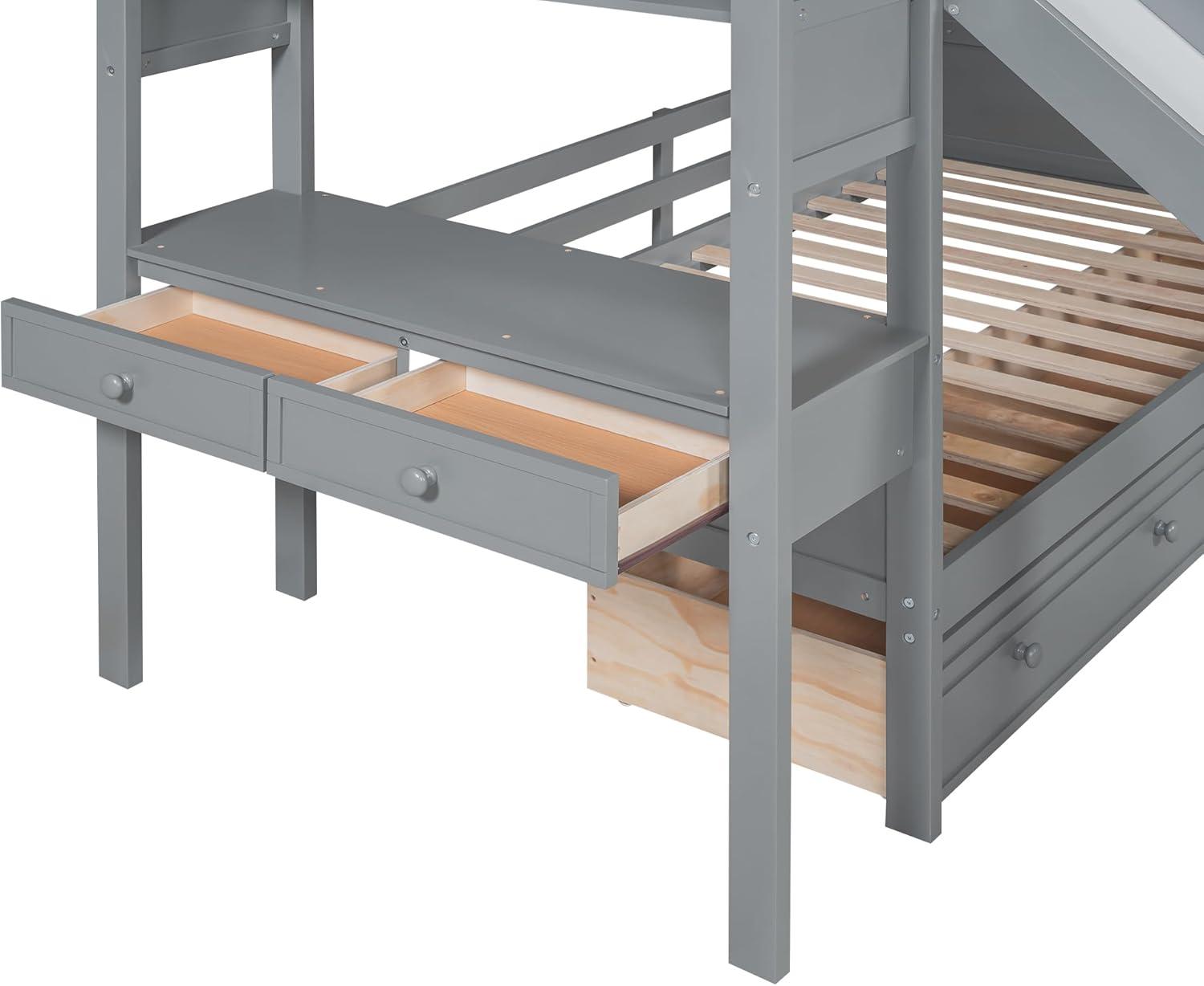 Bellemave Bunk Bed with Desk, Stairs and Slide, Wood Twin Over Twin Bunk Beds with Storage Shelves, Drawers for Kids Teens Girls Boys (Grey)