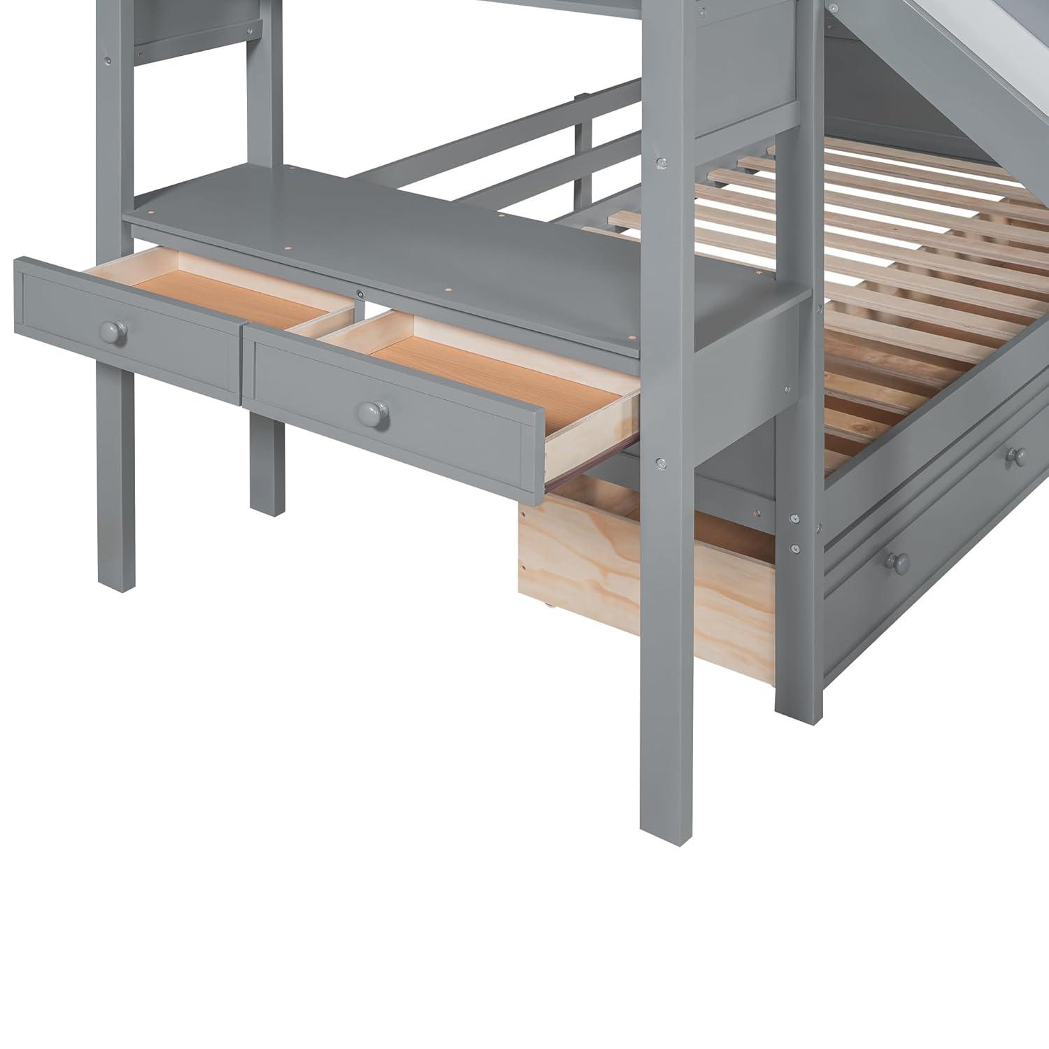 Bellemave Bunk Bed with Desk, Stairs and Slide, Wood Twin Over Twin Bunk Beds with Storage Shelves, Drawers for Kids Teens Girls Boys (Grey)