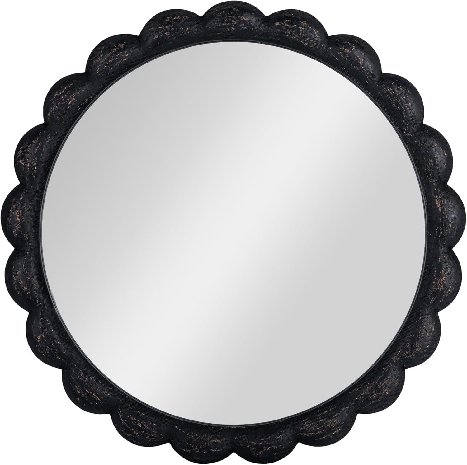 Creative Co-Op Round Scalloped Distressed Wood Wall Mirror, Black