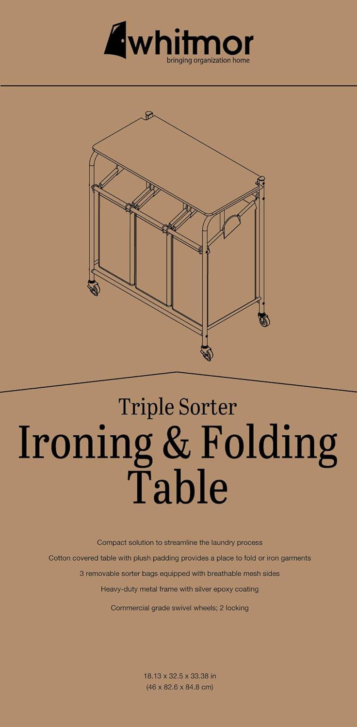 Chrome and Gray 3-Section Rolling Laundry Sorter with Folding Station