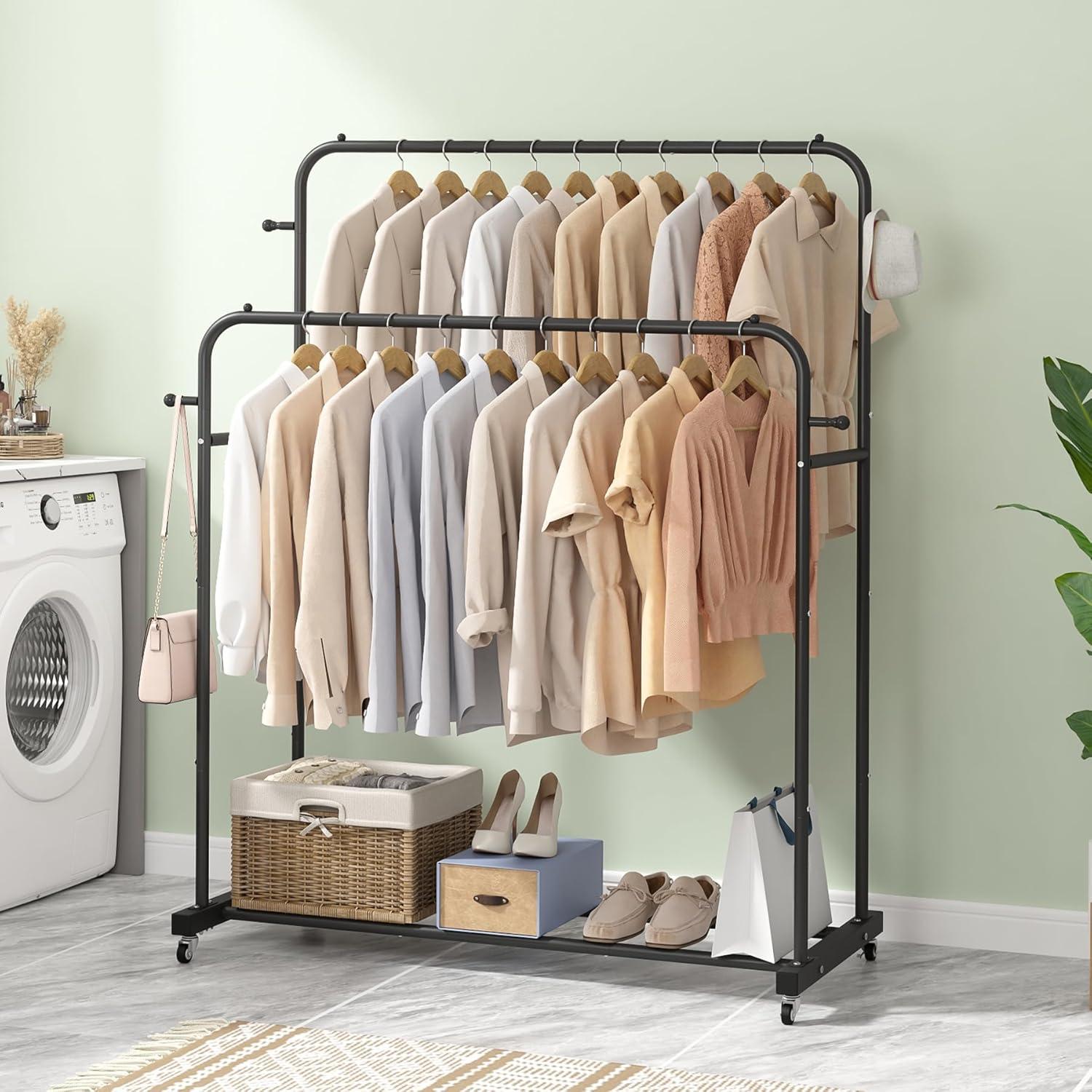 Black Double Rods Garment Rack with Wheels and Hooks