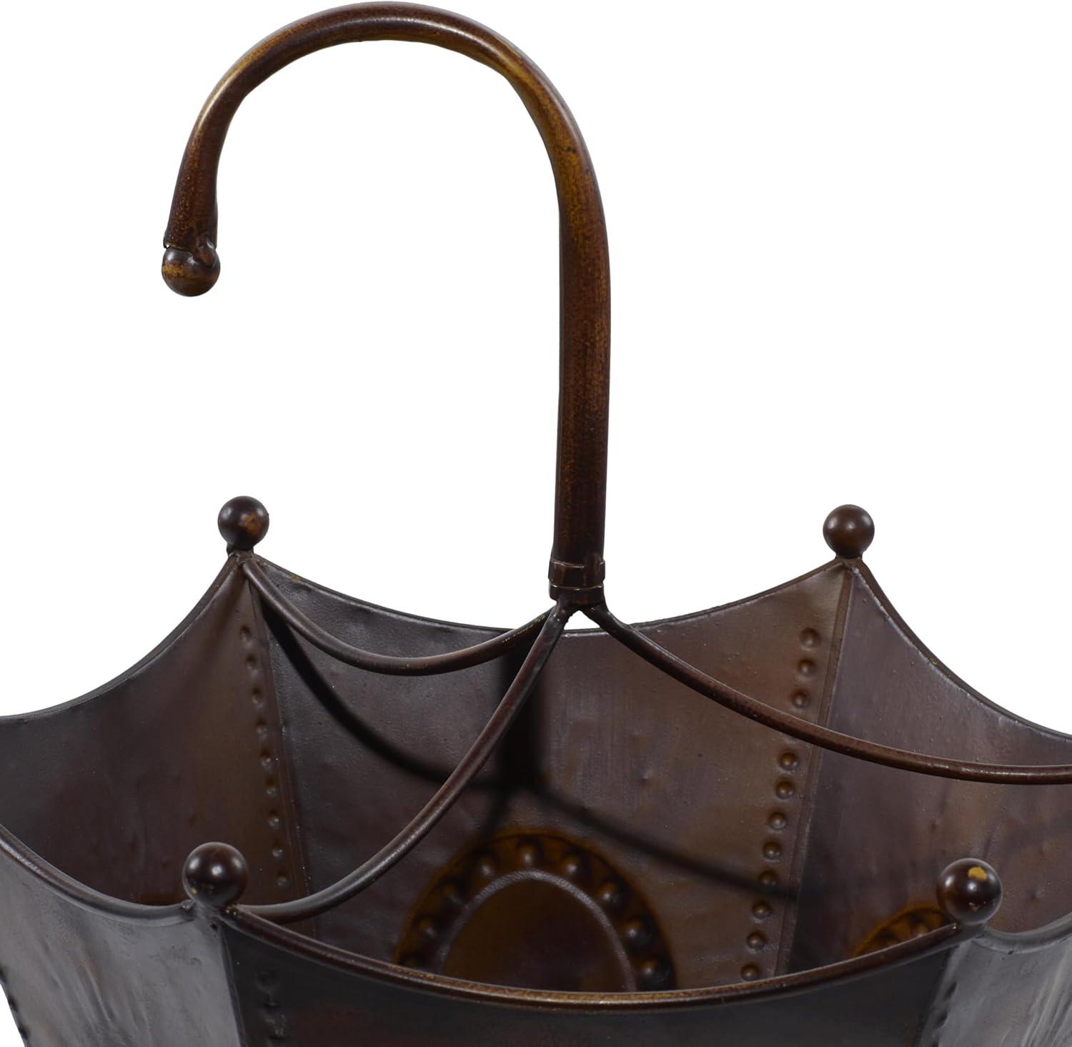 DecMode Brown Metal Umbrella Stand with Embossed Emblems