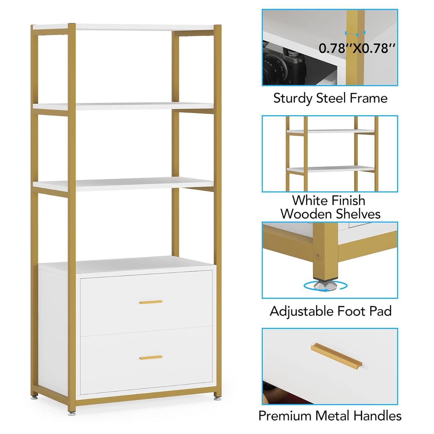 Tribesigns 4-Tier Bookshelf with 2 Drawers White/Gold