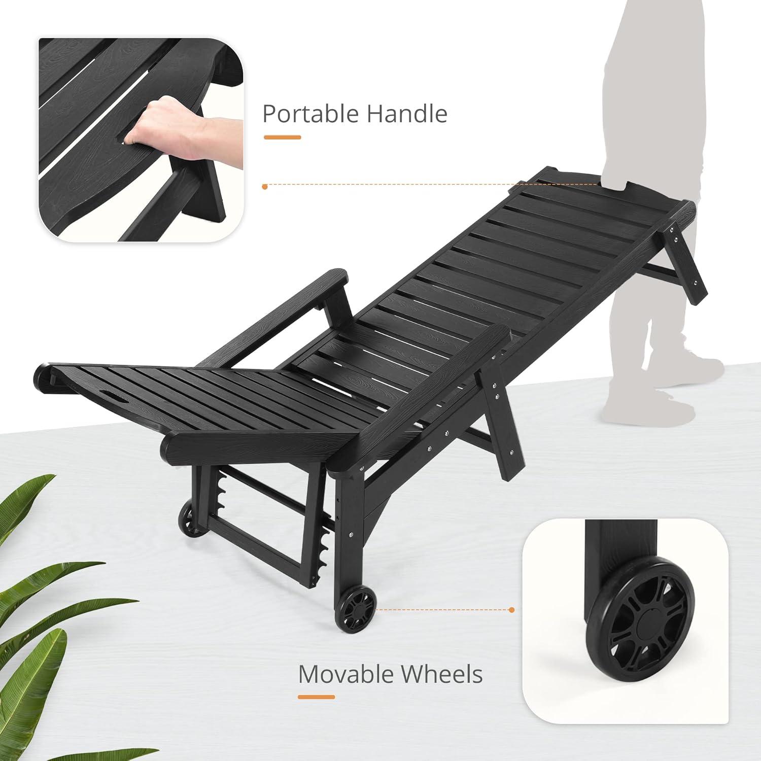 LUE BONA Outdoor Chaise Lounge Chairs Set of 4, 79'' Oversized HDPS Chaise Lounger, 5 Positions Adjustable Lounge Chairs, Pool Lounge Chair with Wheels for Poolside, 3 Year Warranty, Black
