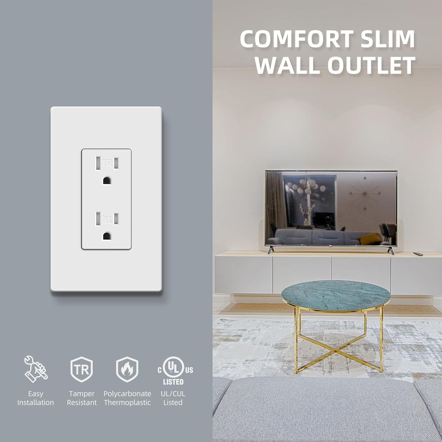 Maxxima Tamper Resistant Duplex Receptacle - Standard Decorative Electrical Wall Outlet 15A White, 3 Prong Outlet, Easy Install, Ideal for Contractors or Residential Use, UL Listed - 10 Pack