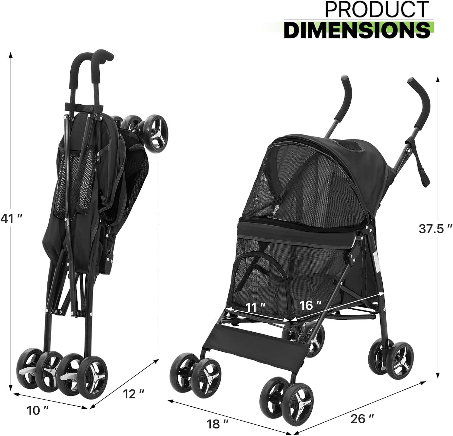 Magshion Foldable Dog Stroller, 4 Wheels Folding Pet Stroller for Small and Medium dogs, Black