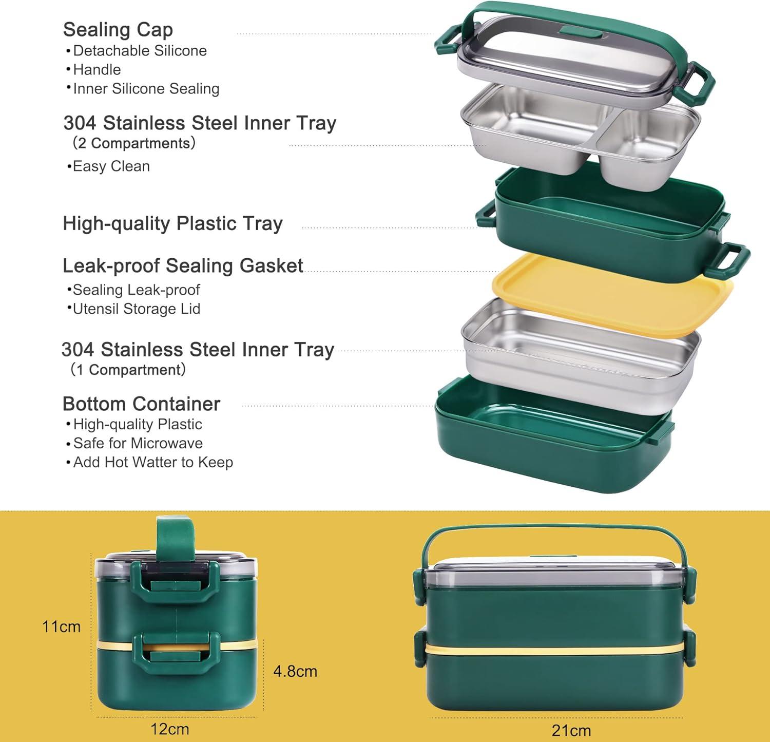 Green 2-Layer Stainless Steel Bento Box with Plastic Trays