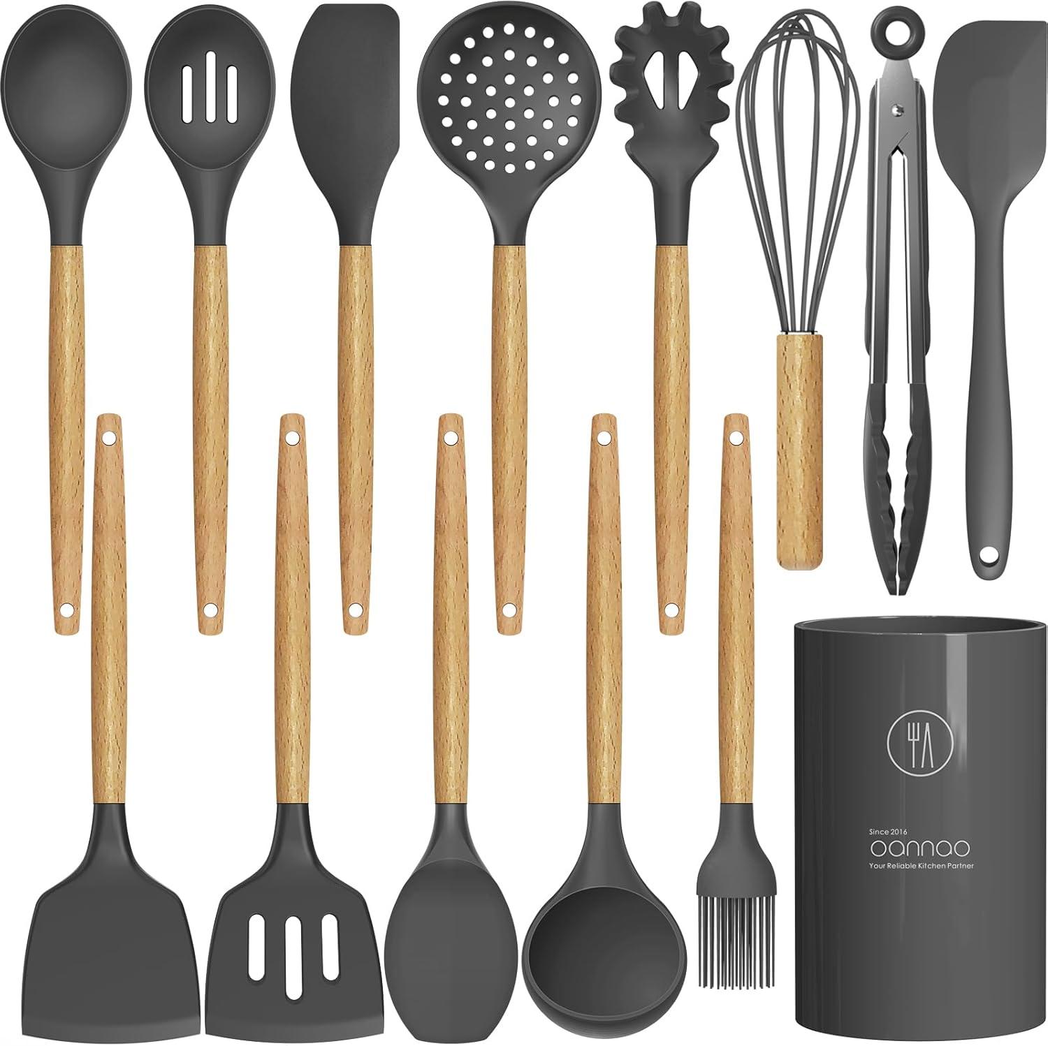 14-Piece Gray Silicone Cooking Utensil Set with Wooden Handles