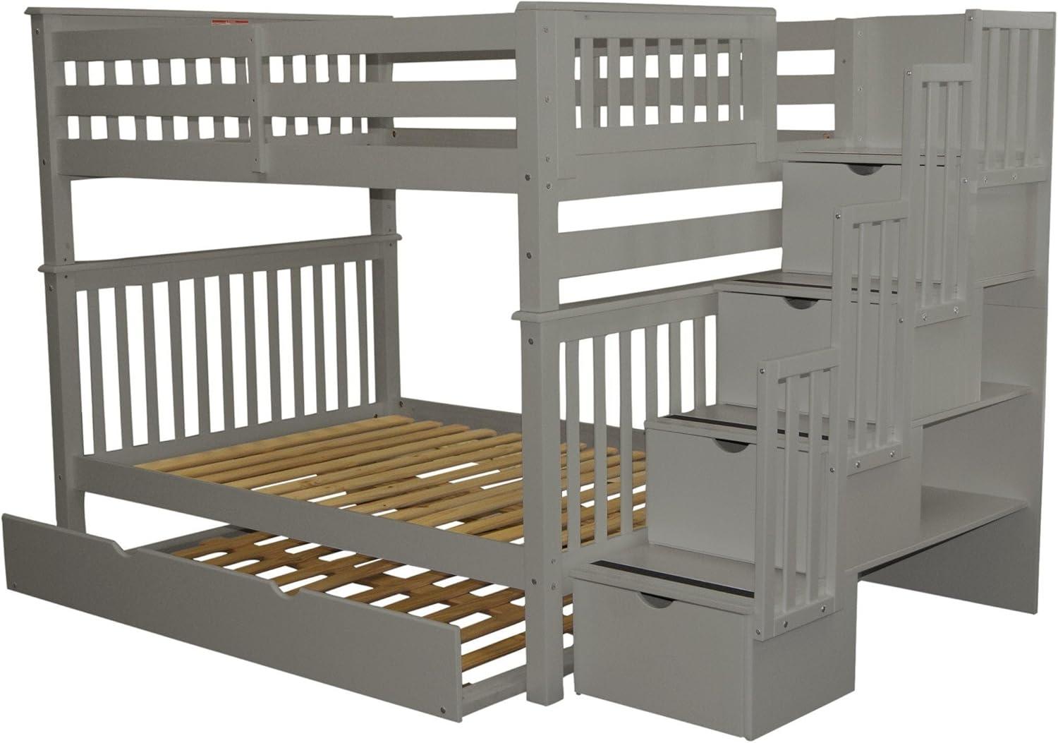 Bedz King Stairway Bunk Beds Full over Full with 4 Drawers in the Steps and a Full Trundle, Gray