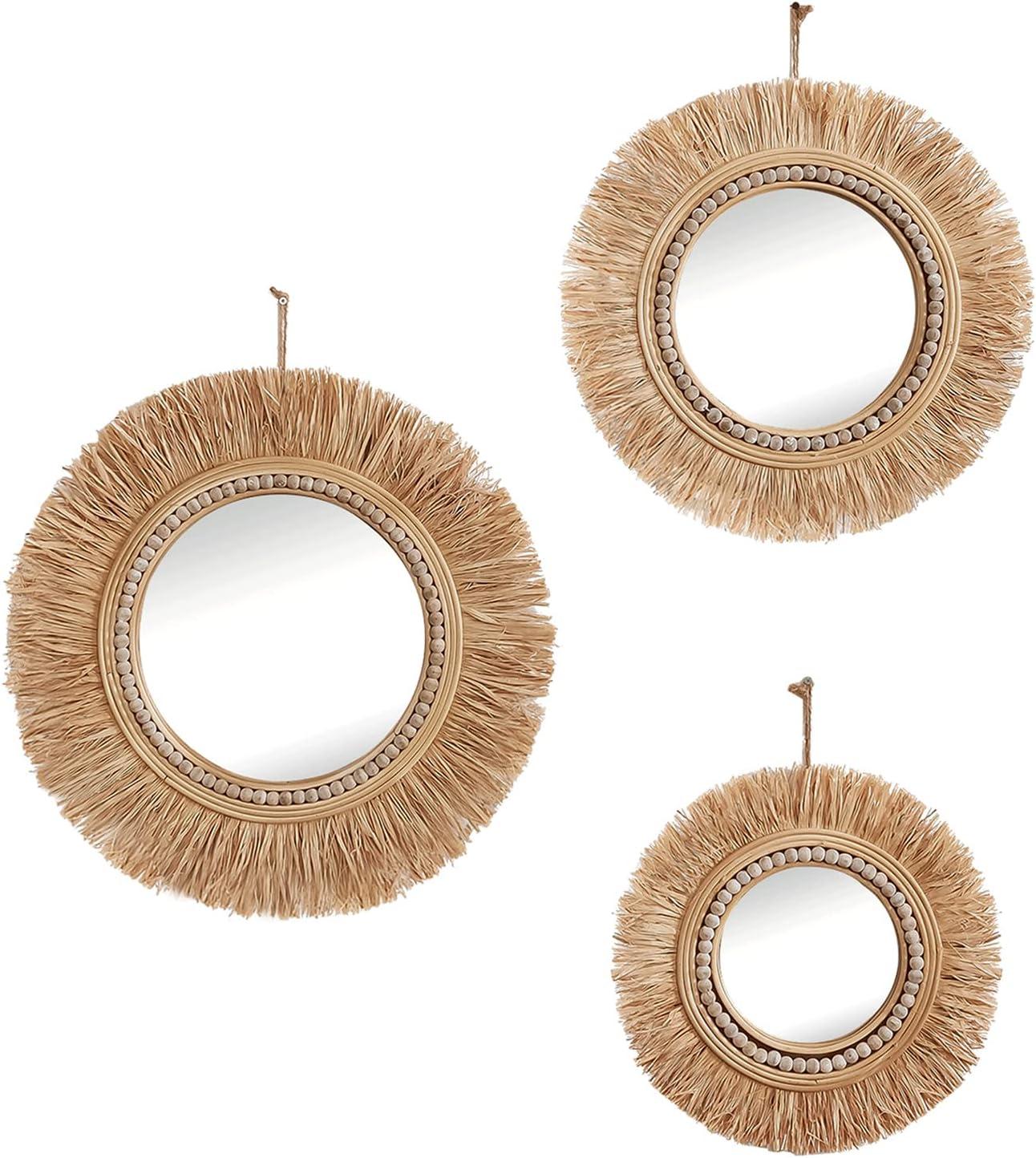 Natural Raffia and Bead Round Wall Mirrors Set