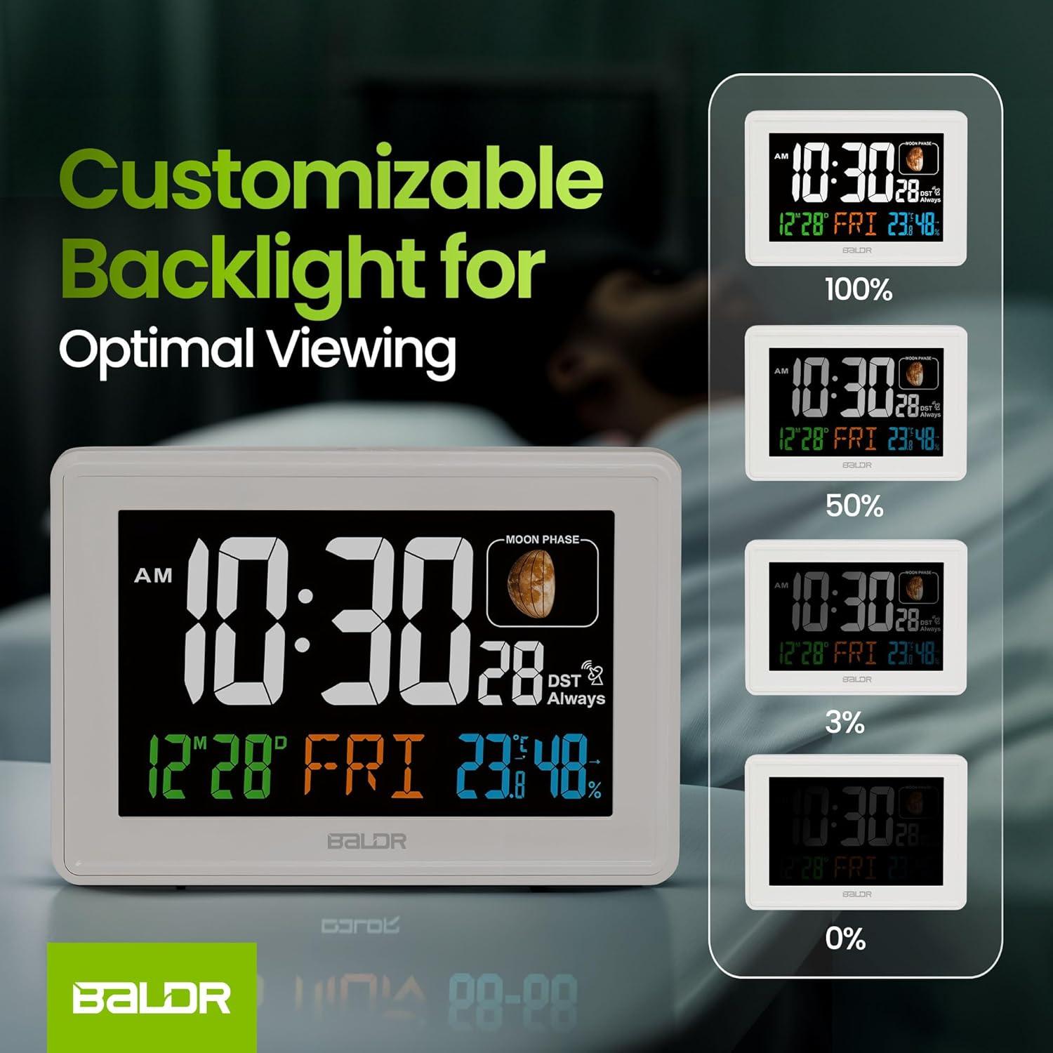 BALDR Atomic Alarm Clock - Large Color Display Digital Desk Clock (White)