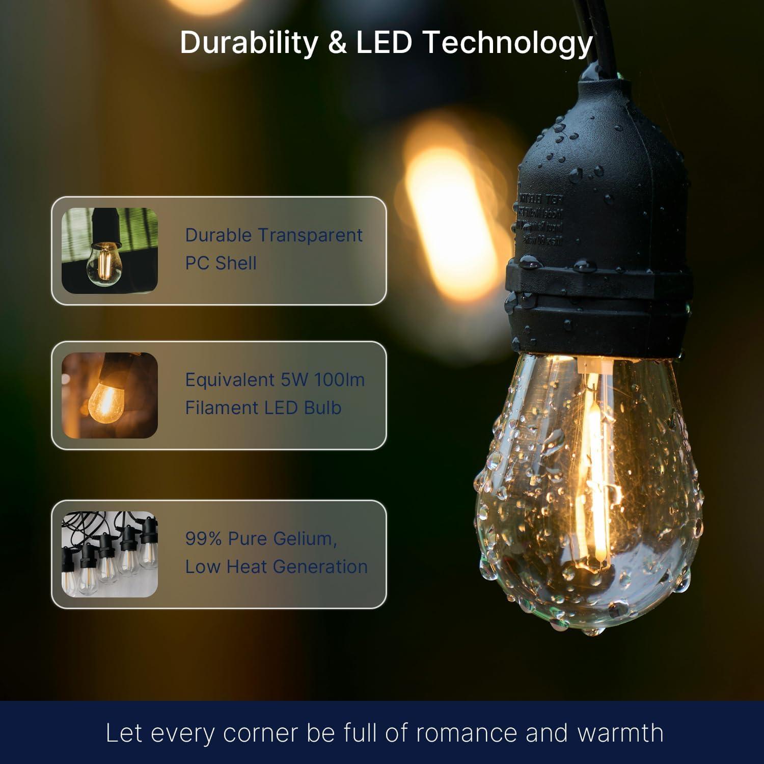 Svater Replacement Bulbs for Outdoor String Lights, 15 Pack S14 LED Bulbs for Patio, E26 Base 1W Bulb Equal to 11W Incandescent, Dimmable,Shatterproof 2700K Warm White