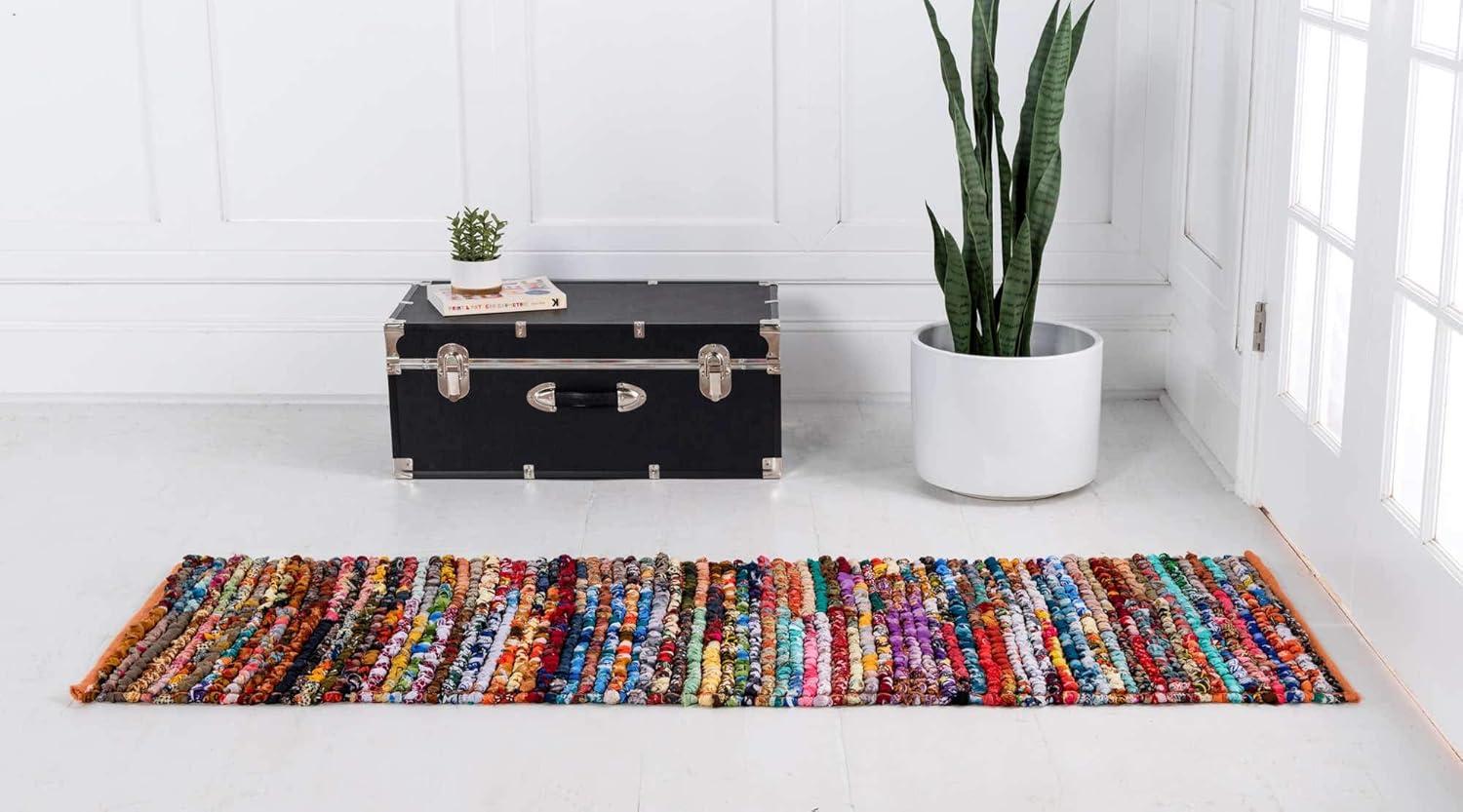 Unique Loom Braided Chindi Collection Area Rug - Multi-Striped (2' 2" x 6' 1" Runner Multi/Black)