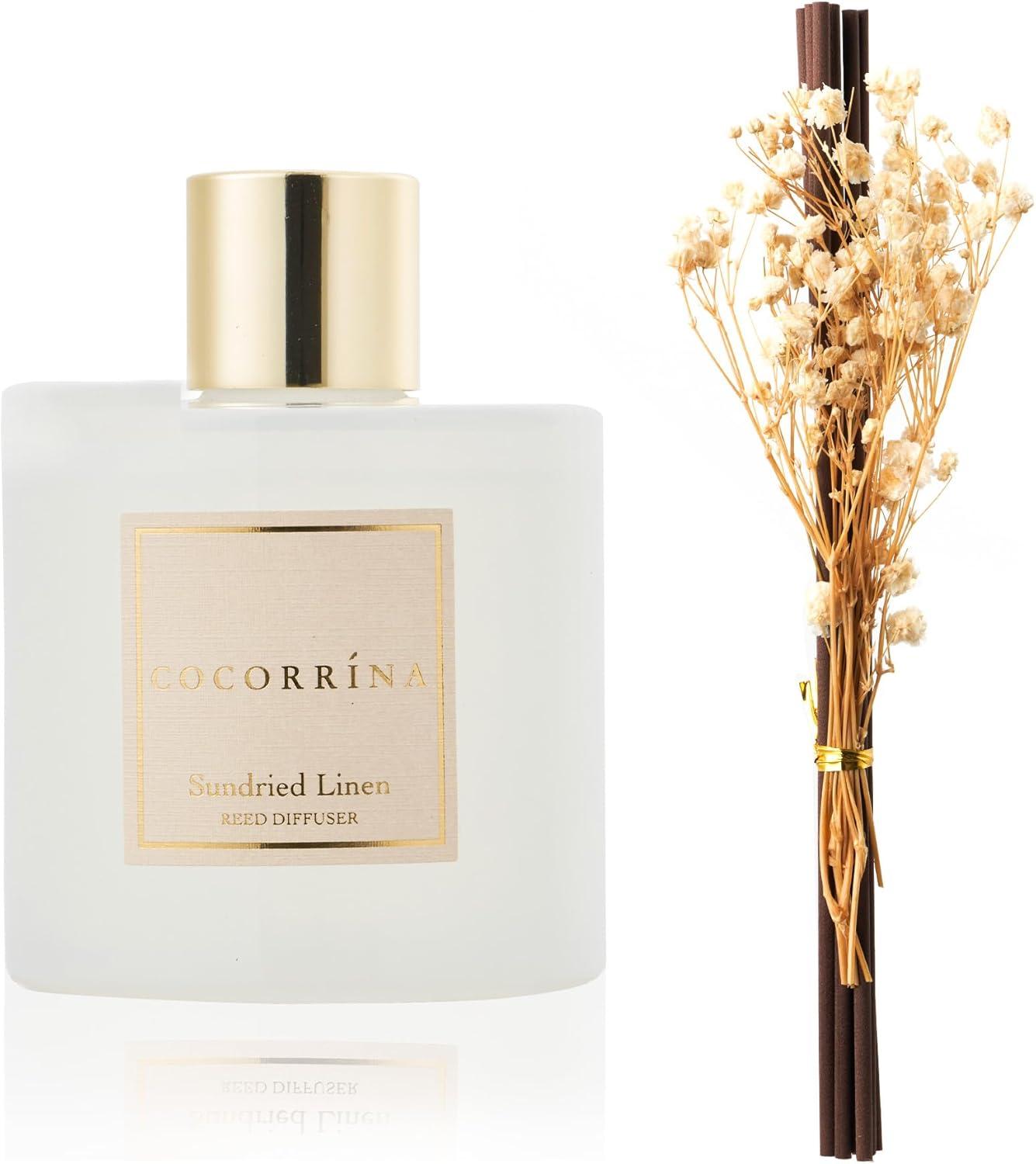 Cocorrína Reed Diffuser - Sundried Linen Scented Diffuser with 8 Sticks Home Fragrance Reed Diffuser for Bathroom Shelf Decor