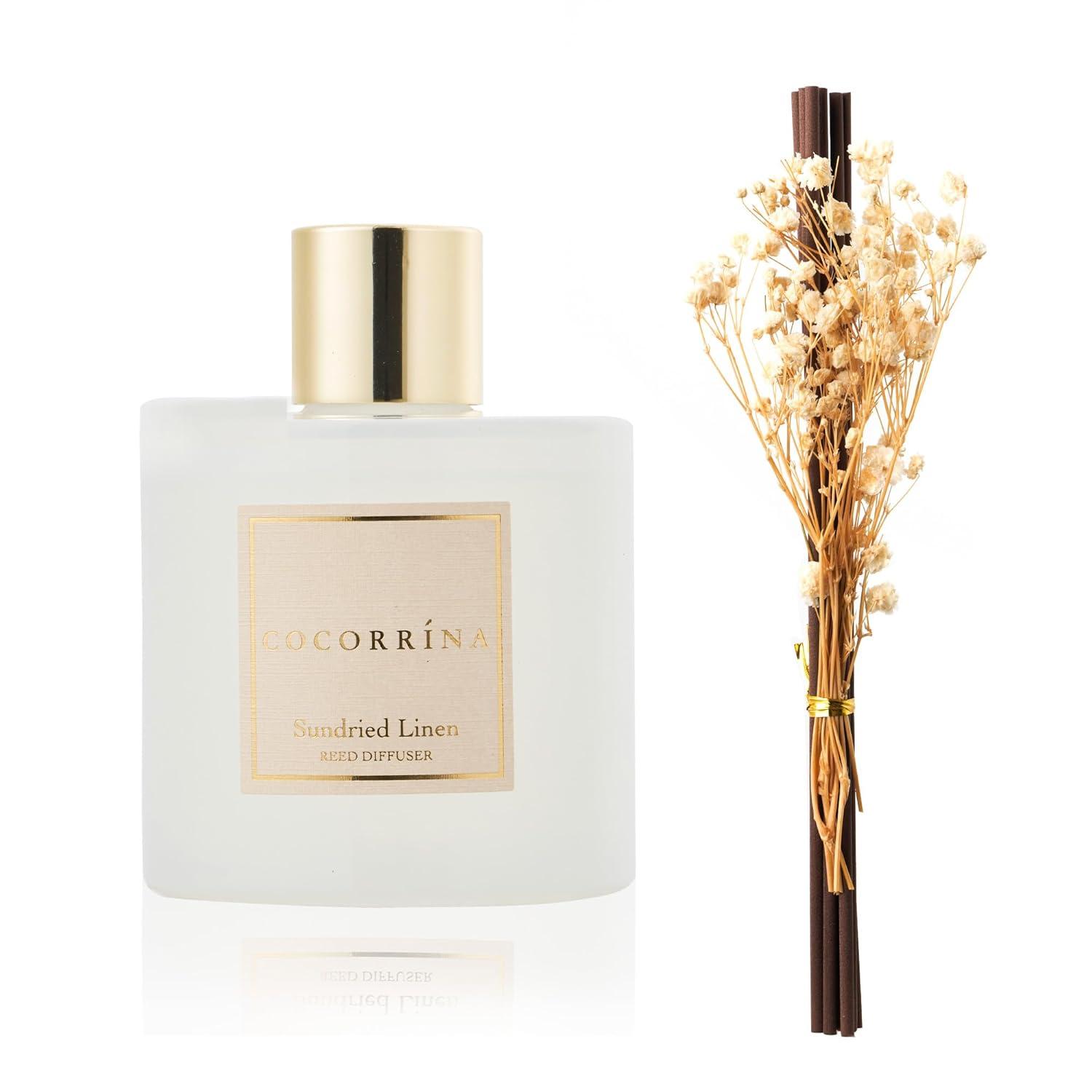 Cocorrína Reed Diffuser - Sundried Linen Scented Diffuser with 8 Sticks Home Fragrance Reed Diffuser for Bathroom Shelf Decor