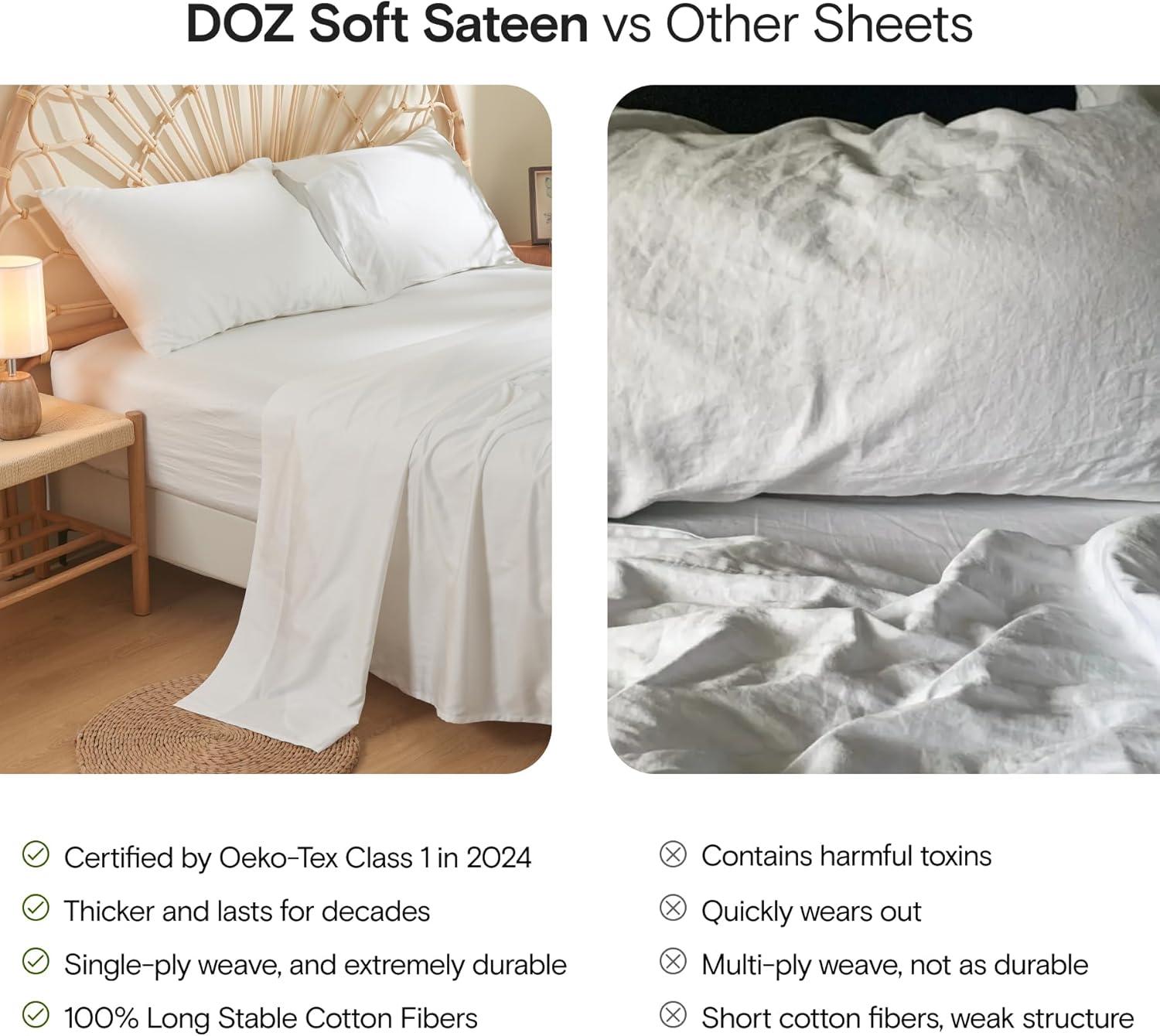 DOZ 100% Long Staple Cotton Sheet Sets, Soft Sateen Weave Cotton, Smooth, Breathable, Cooling Sheets, Hotel Comfort, Durable, 3pc – 2 Pillowcases 1 Fitted (Dove, King)