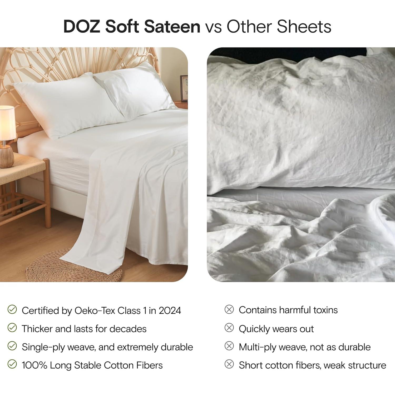 DOZ 100% Long Staple Cotton Sheet Sets, Soft Sateen Weave Cotton, Smooth, Breathable, Cooling Sheets, Hotel Comfort, Durable, 3pc – 2 Pillowcases 1 Fitted (Dove, King)
