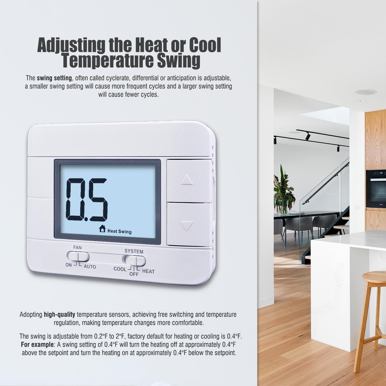 Non Programmable Thermostat for Home 1 Heat/ 1 Cool Single-Stage System, with Room Temperature Monitor (LCD White Backlit Screen)