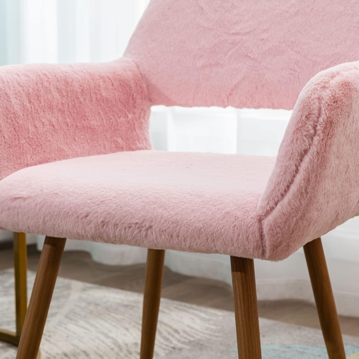 KCC Furry Desk Chair, Mid-Century Modern Accent Faux Fur Chair for Teen Girls, Comfy Armchair with Wood Look Metal Legs for Living Dining Room, Home Vanity Makeup Office Desk Chairs No Wheel, Pink
