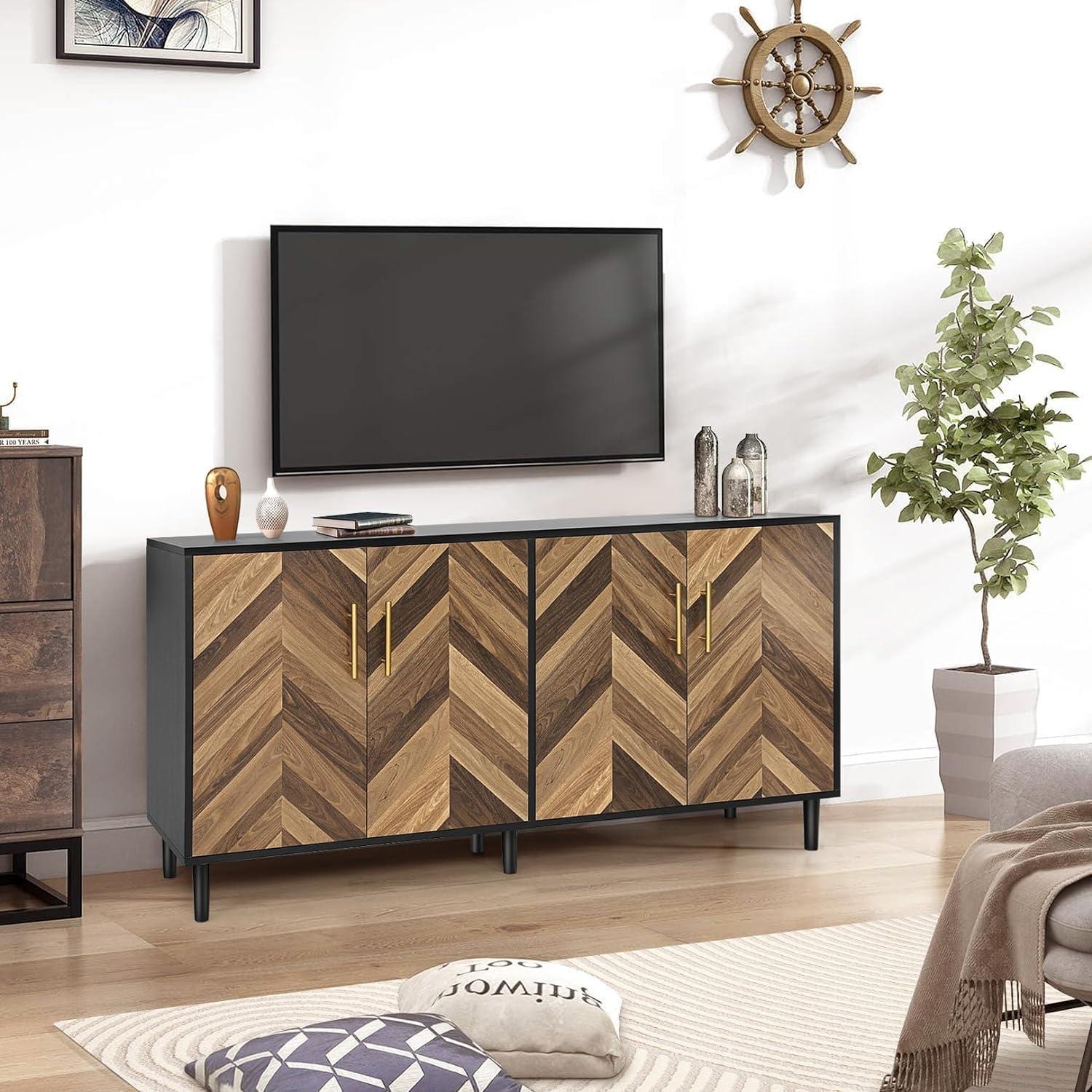 Accent Cabinet, Black Storage Cabinet with Doors Mid Century Modern Sideboard Buffet Cabinet with Storage Shelves Small Wood Accent Cabinets for Living Room Entryway Office, Brown Herringbone