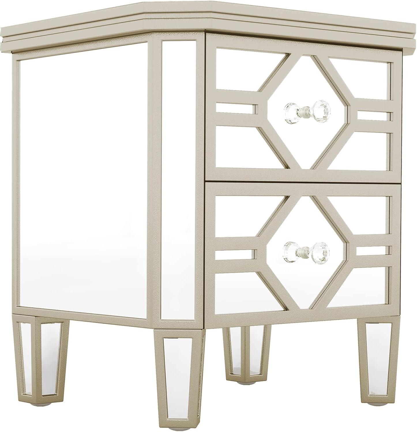 Elegant Silver Mirrored 2-Drawer Nightstand with Golden Accents