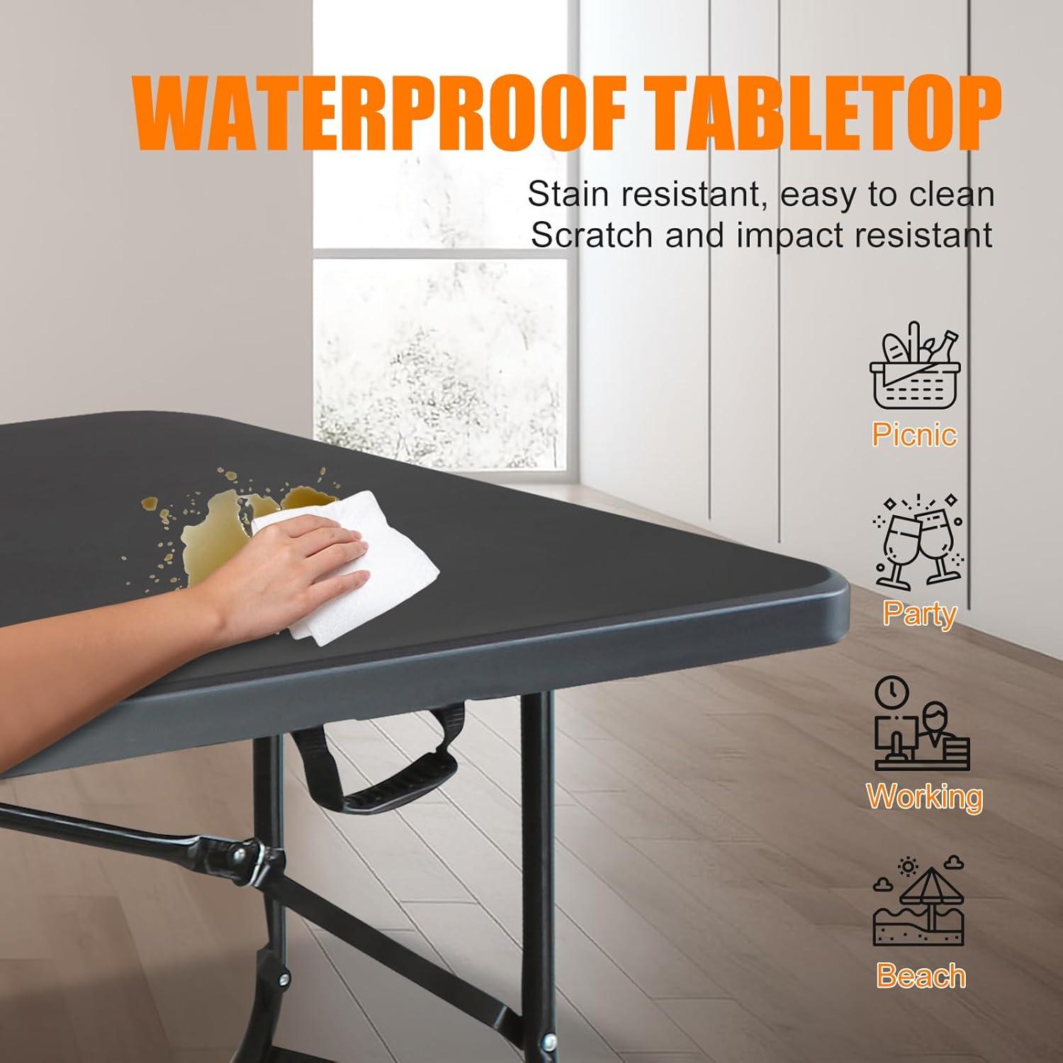 6ft Folding Table, Portable Plastic Table for Camping, Picnics, Parties, High Load Bearing Foldable Table Black