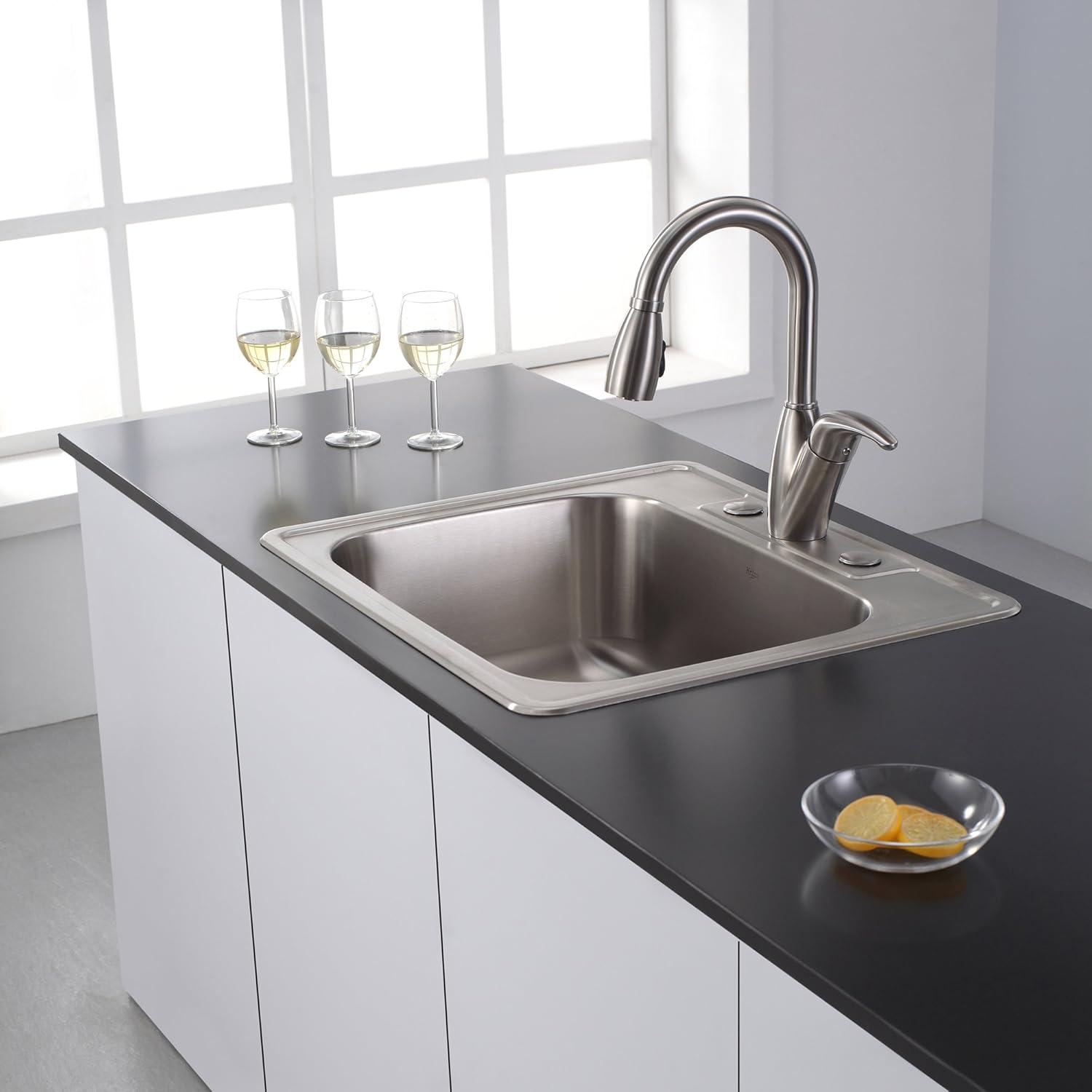 KRAUS 25 inch L Topmount Single Bowl 18 Gauge Stainless Steel Kitchen Sink with NoiseDefend Soundproofing