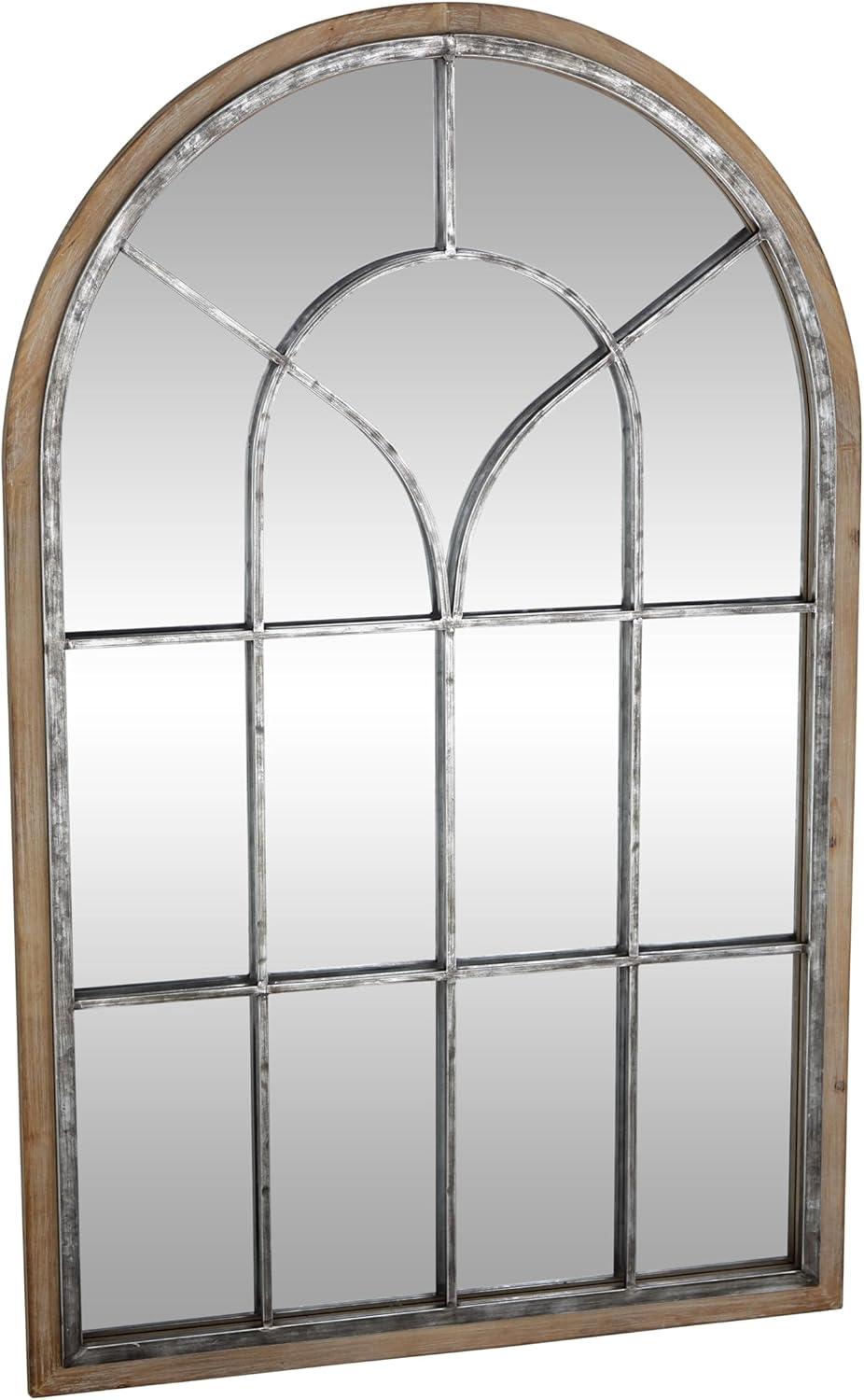 Glass Window Pane Inspired Wood Wall Mirror with Arched Top Brown - Olivia & May: Distressed Whitewash Finish, No Assembly Required