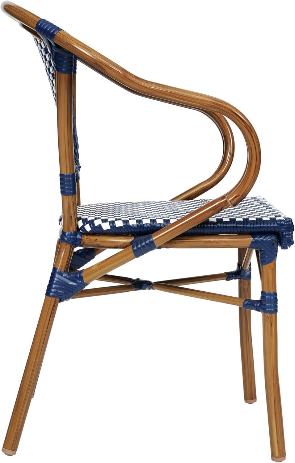 Flash Furniture 4 PK Bordeaux Indoor/Outdoor Commercial Bistro Stacking Chair w/ Arms, Navy & White PE Rattan & Bamboo Print Aluminum Frame in Natural