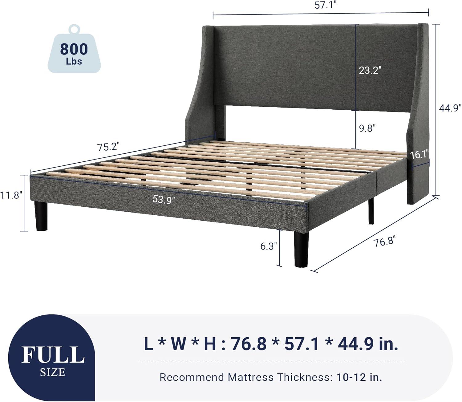 Allewie Base de Cama con Plataforma Tapizada en Tela de Tamaño Full con Cabecera con Respaldo Lateral, Gris Oscuro