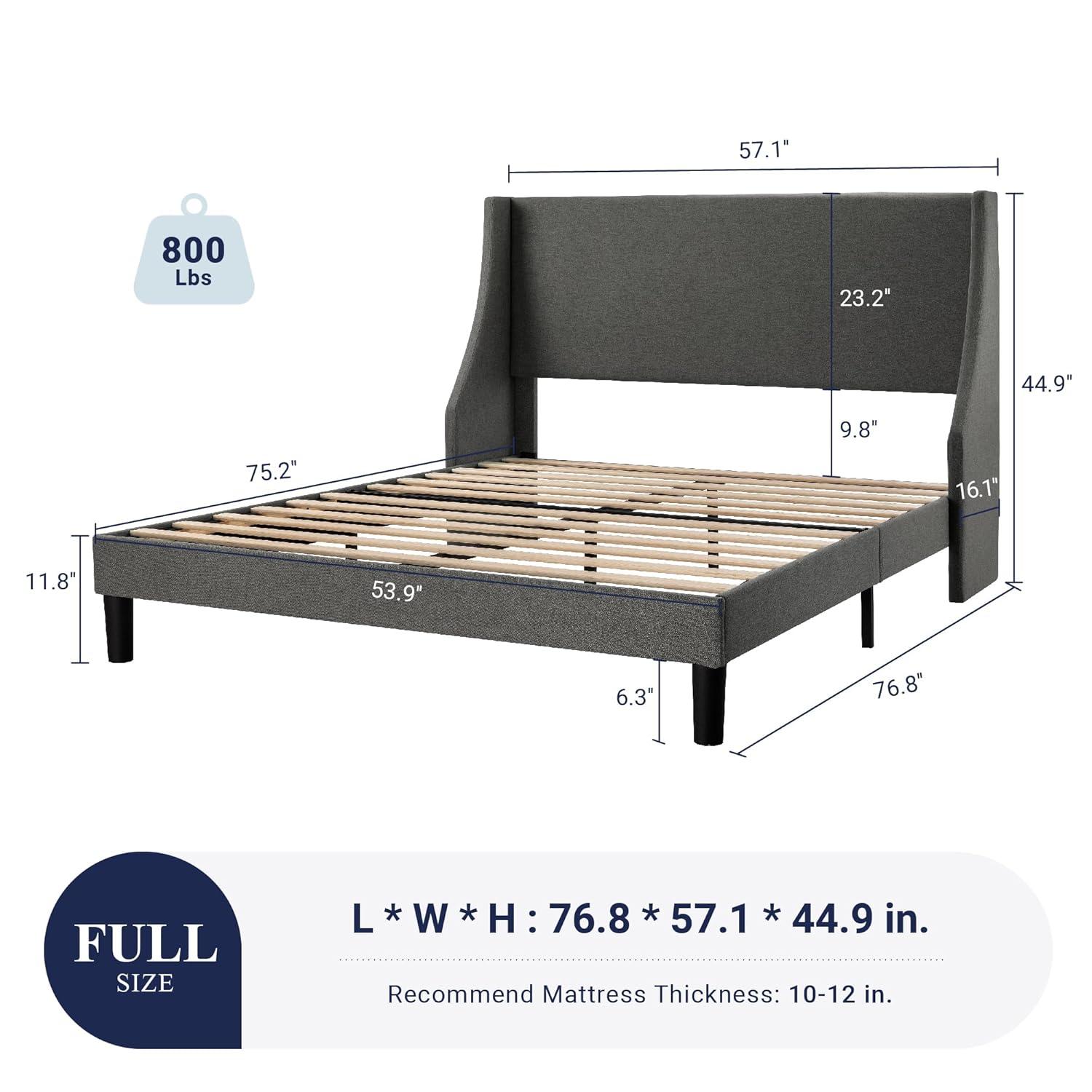 Allewie Base de Cama con Plataforma Tapizada en Tela de Tamaño Full con Cabecera con Respaldo Lateral, Gris Oscuro