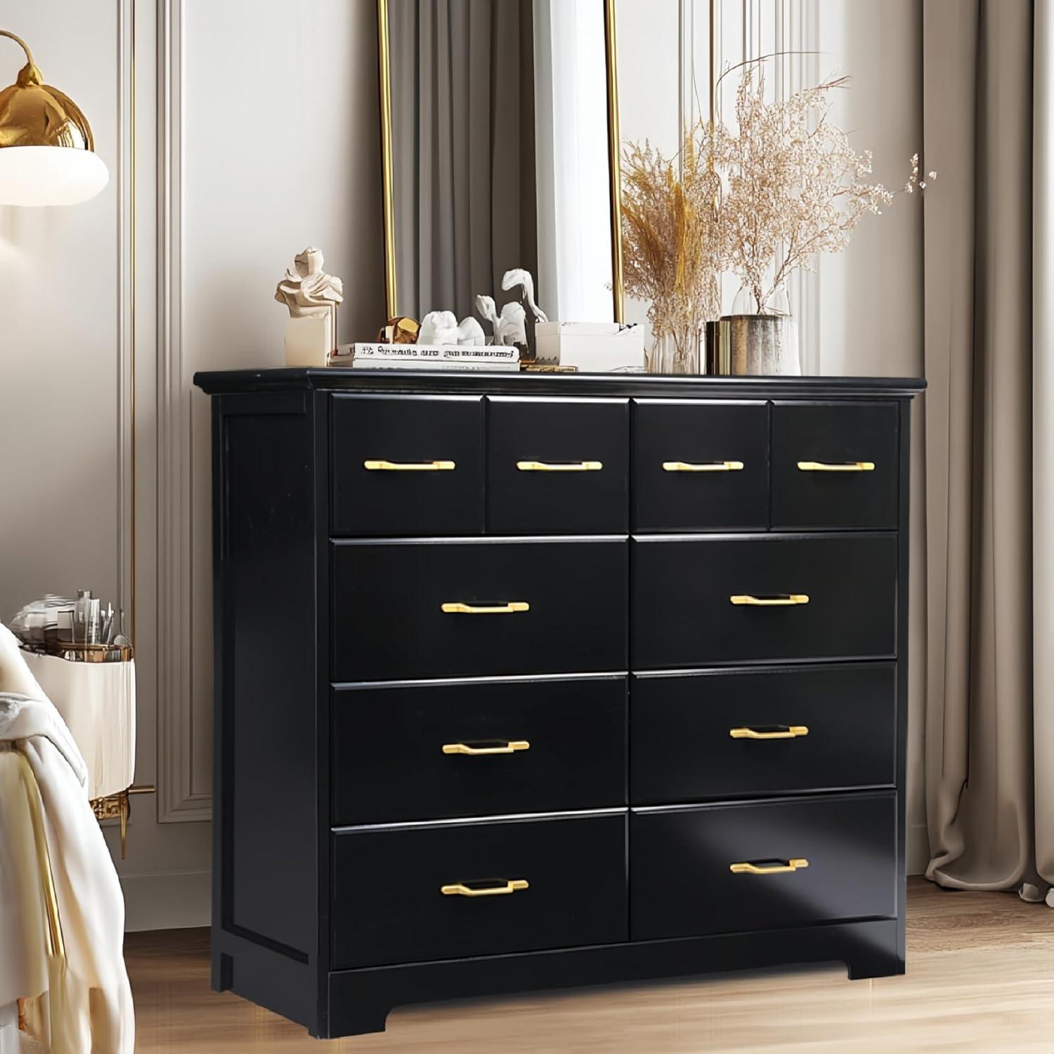 Black 8-Drawer Dresser with Gold Handles for Bedroom